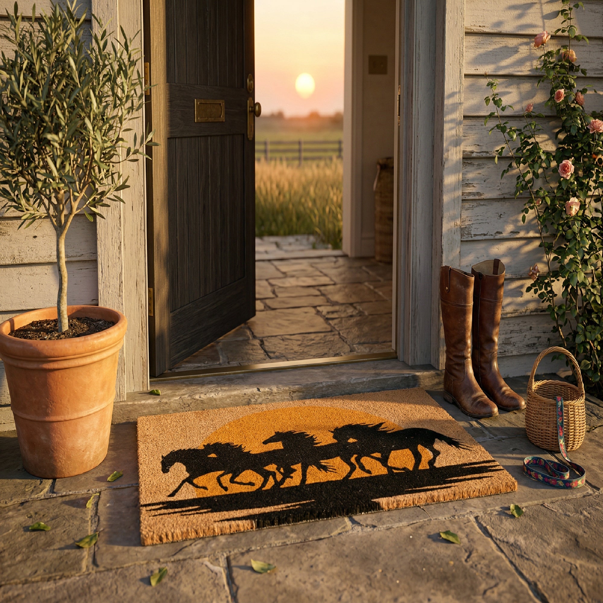 Coir Door Mat Horses Running at Sunset Design