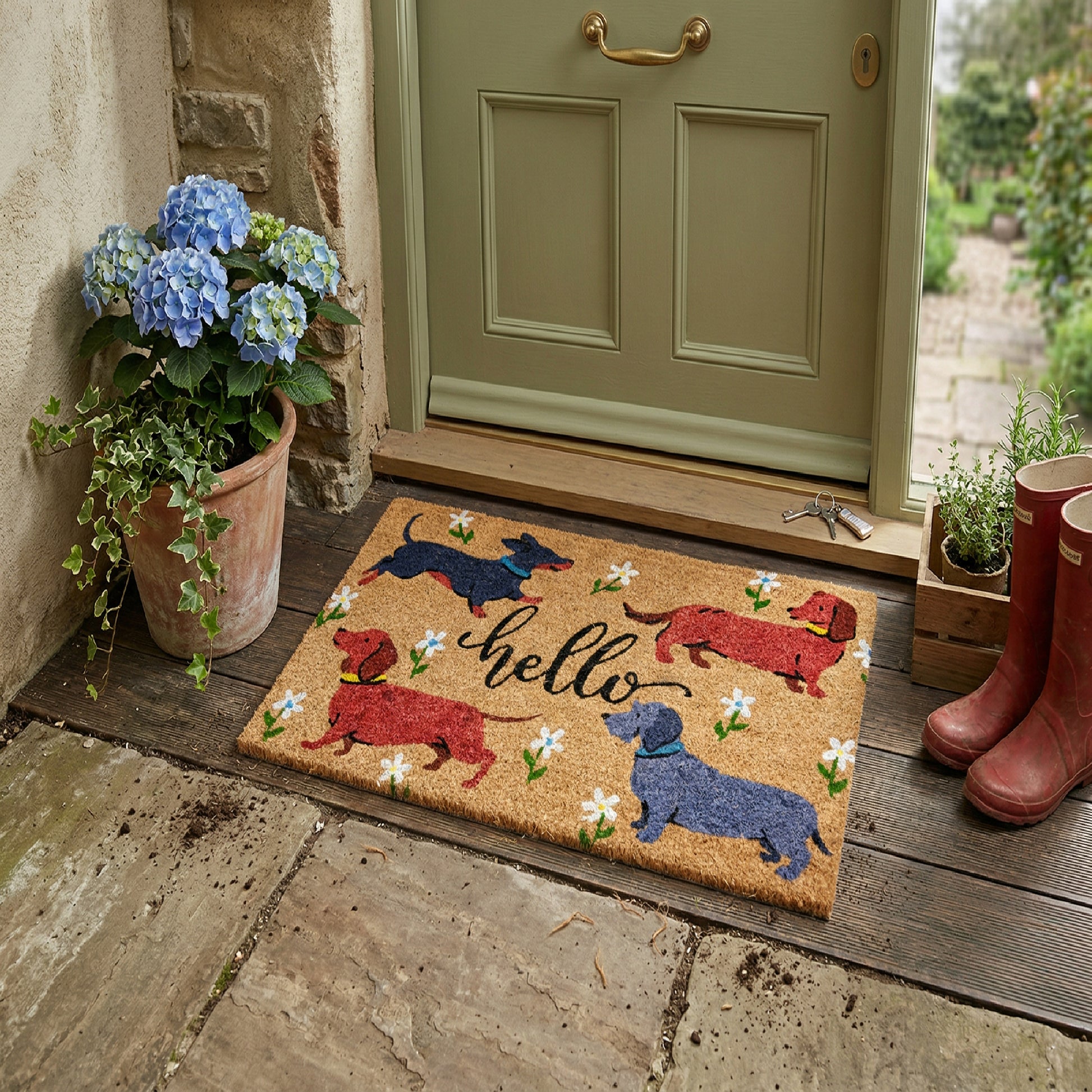 Coir Door Mat "Dogs Hello" Welcome Design
