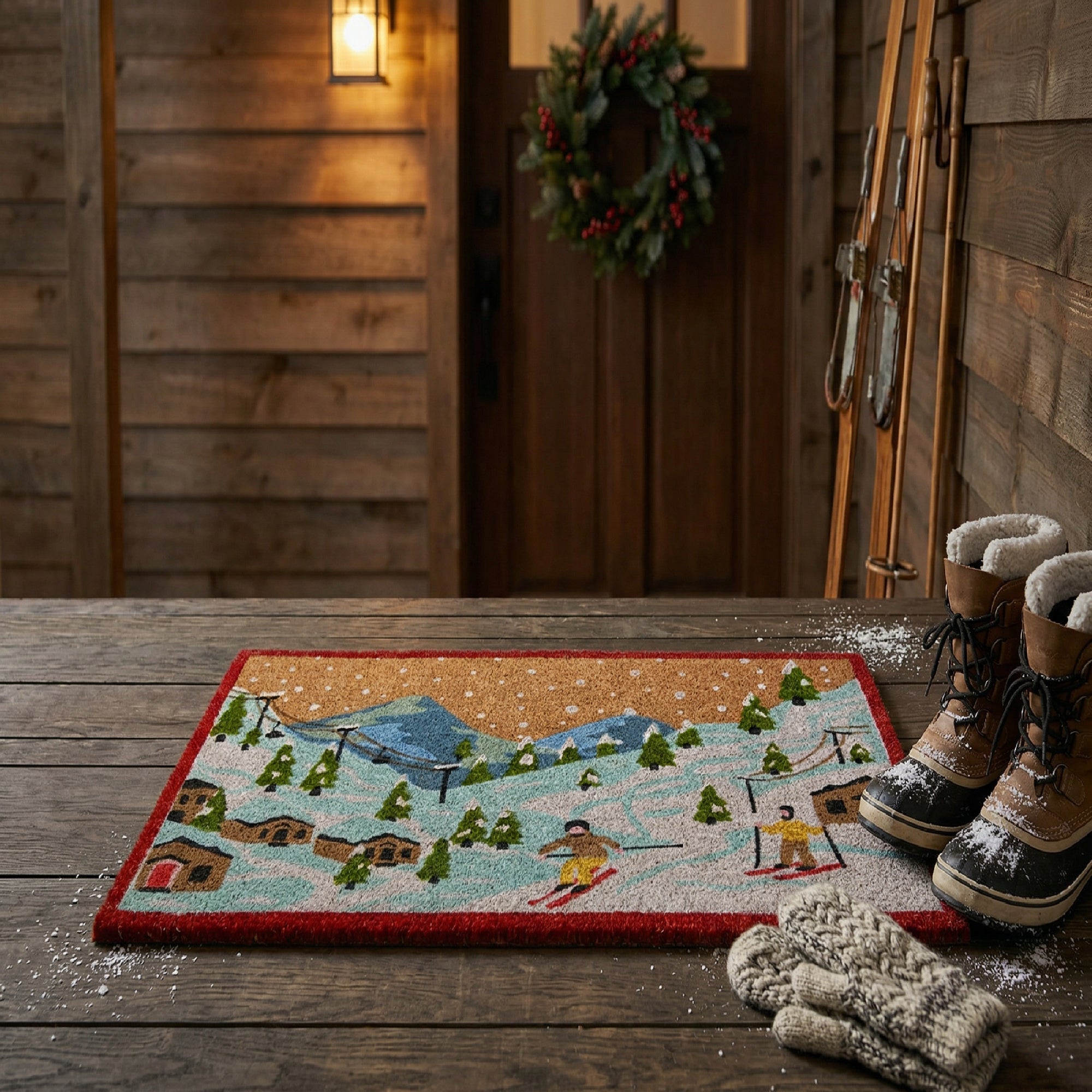 Coir Door Mat "Winter Ski Village" Scene
