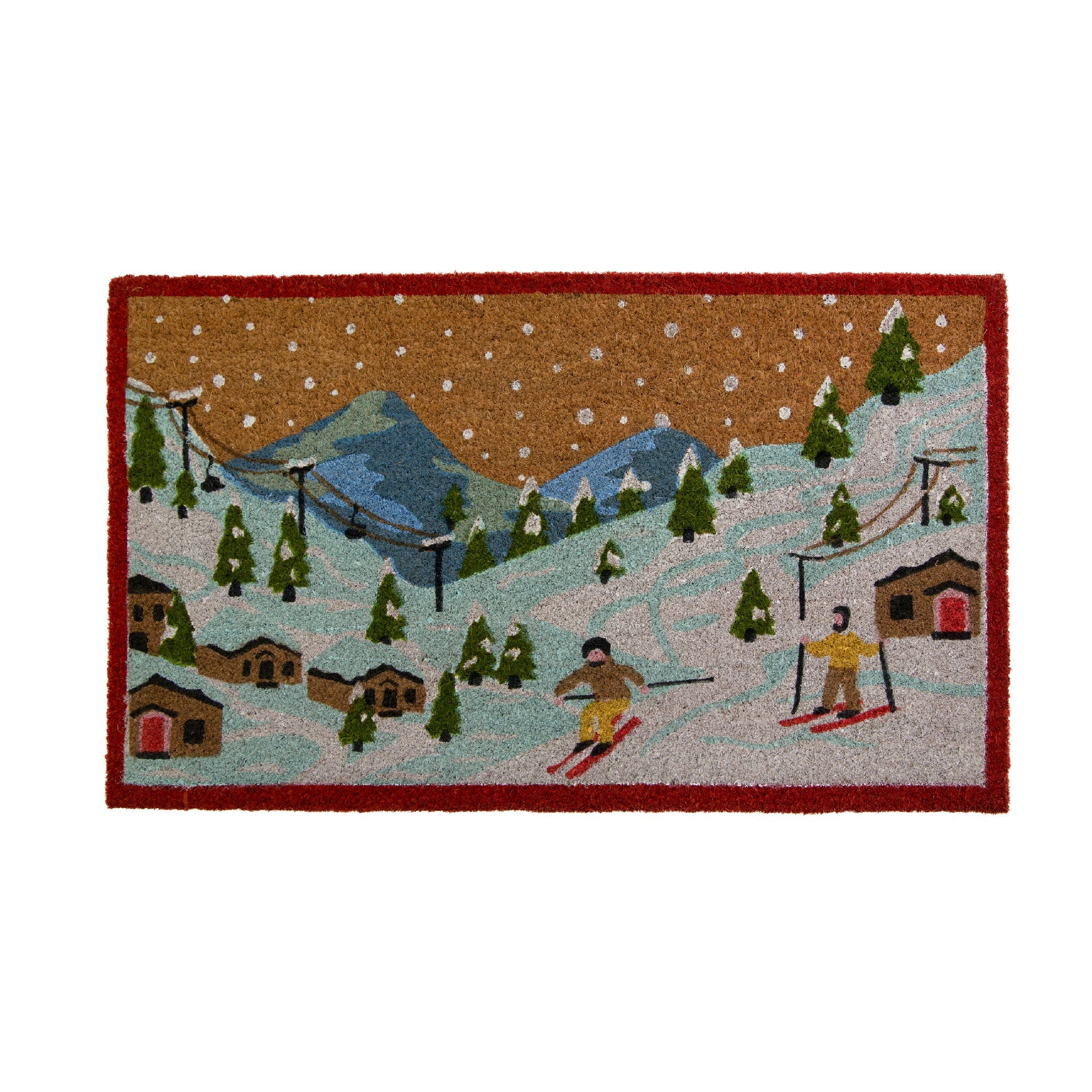 Coir Door Mat "Winter Ski Village" Scene