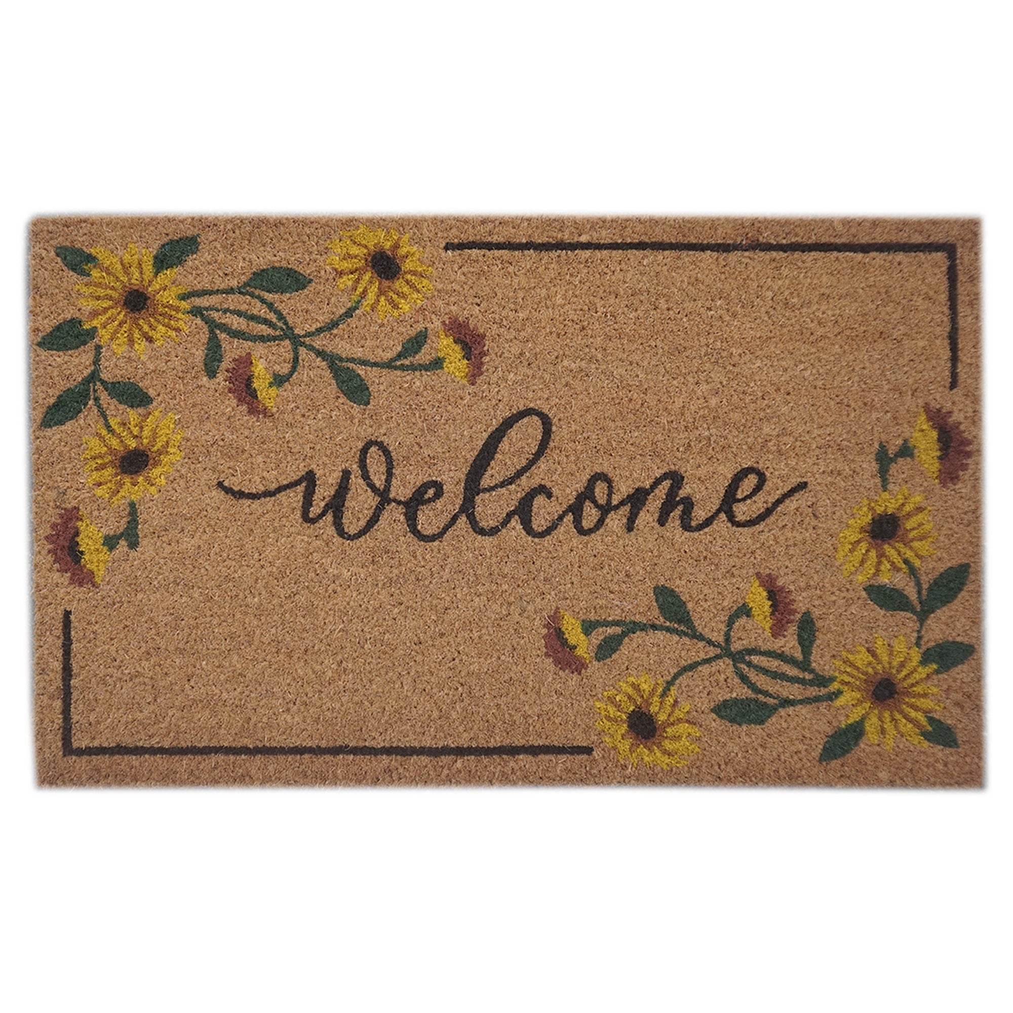 Coir Door Mat Sunflower Border "Welcome"