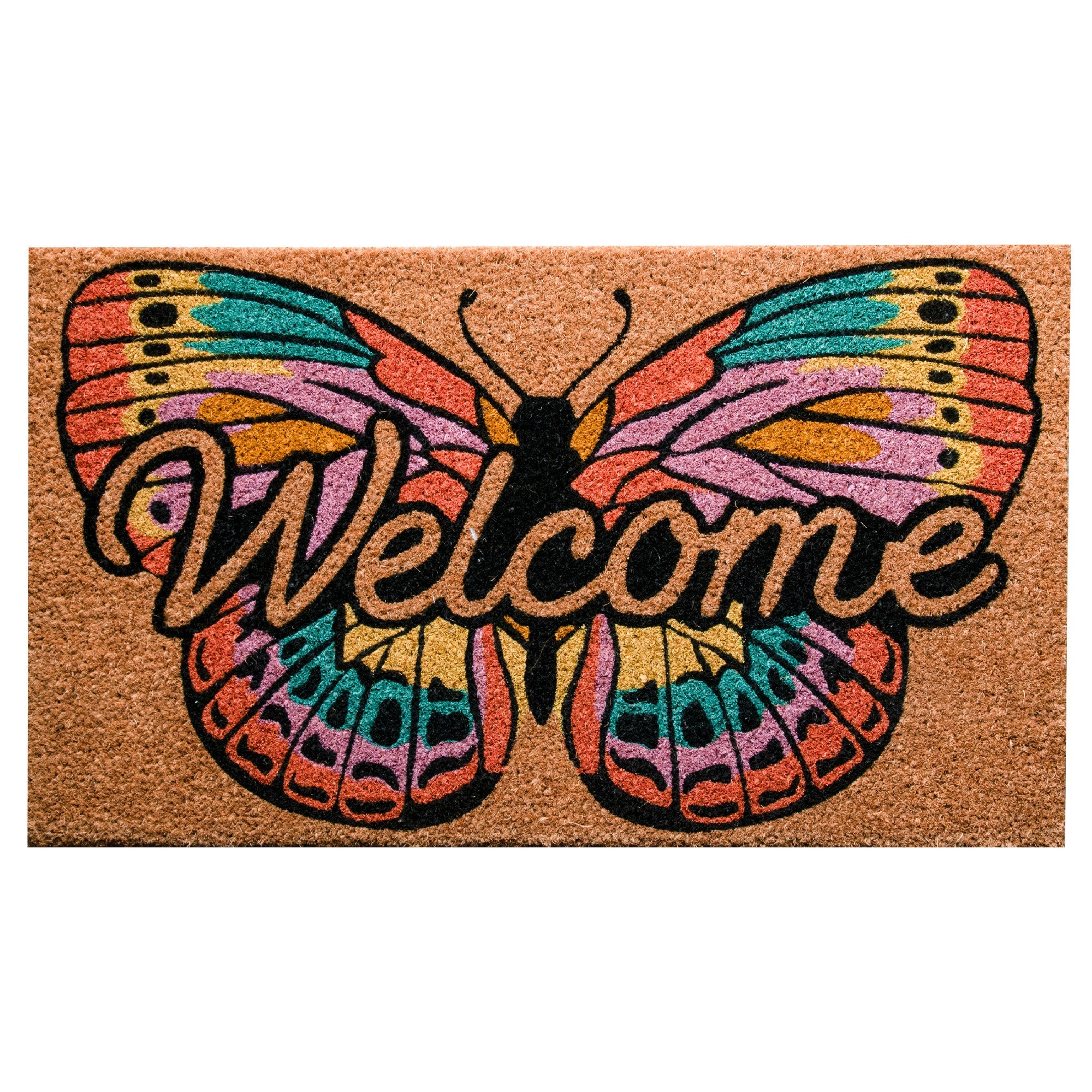 Coir Door Mat Butterfly "Welcome" Design