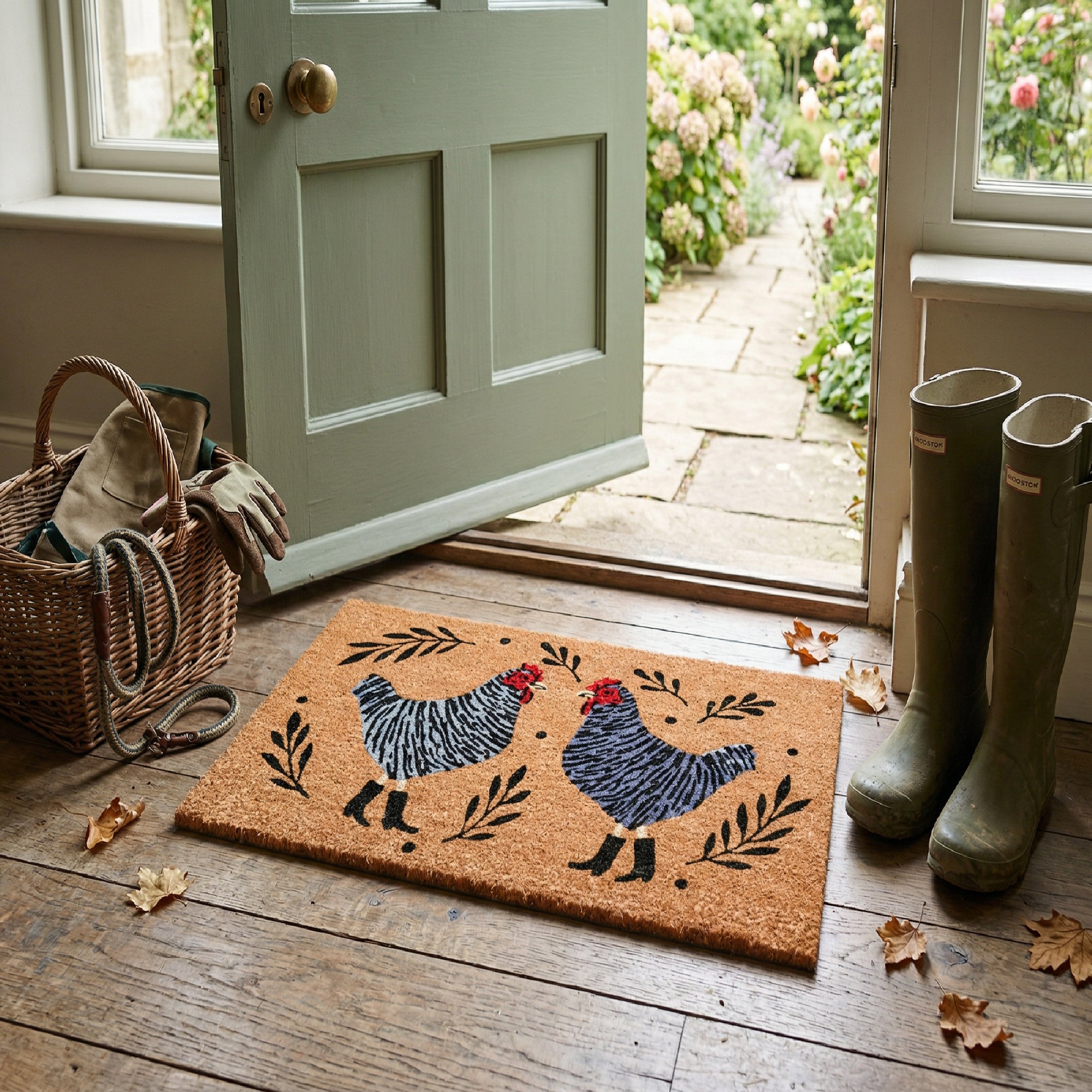 Coir Door Mat with Roosters Motif