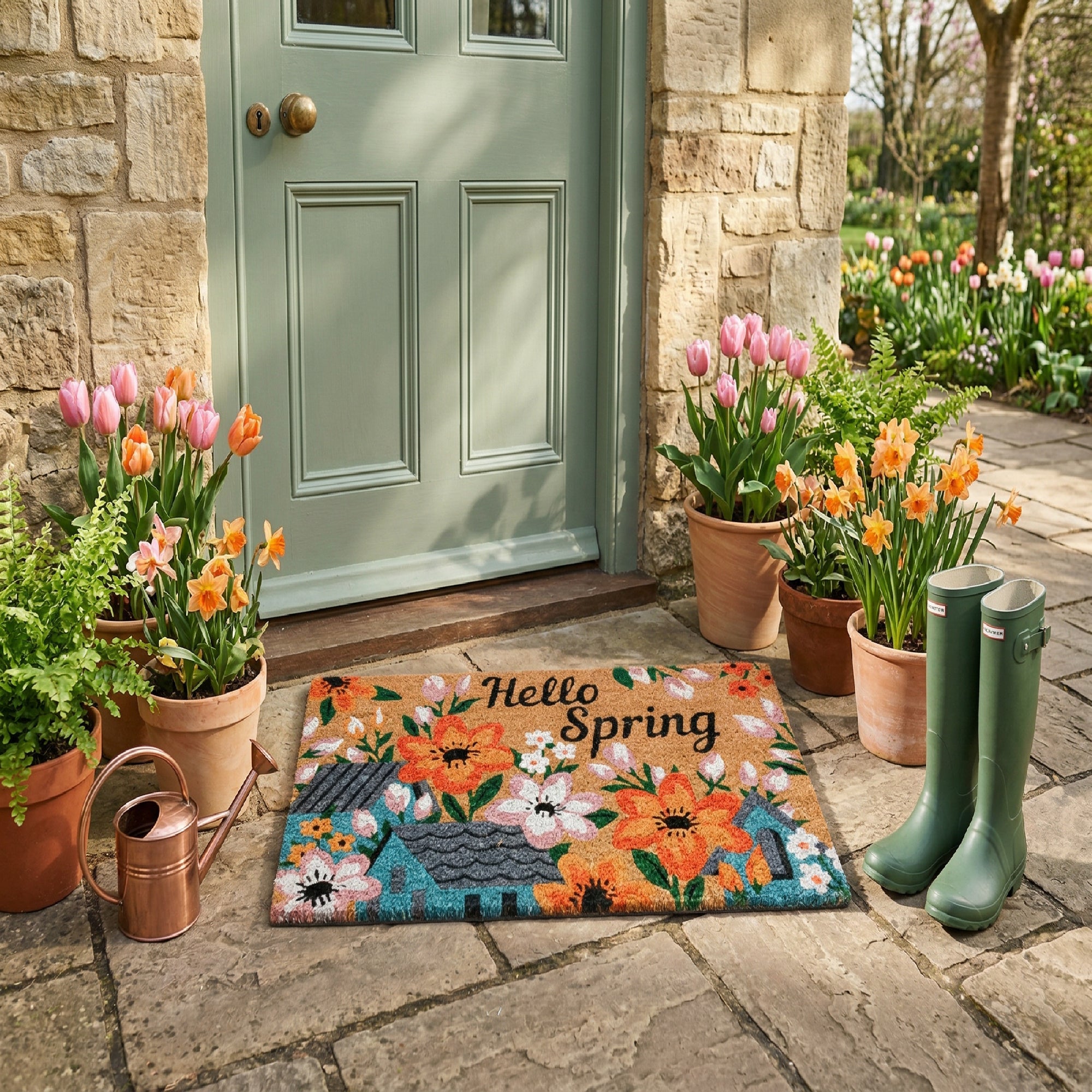 Coir Door Mat Flowers & Houses "Hello Spring"