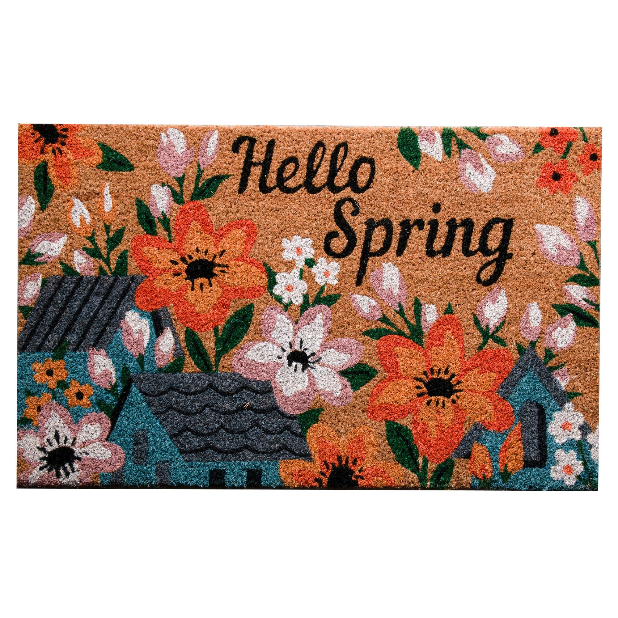Coir Door Mat Flowers & Houses "Hello Spring"