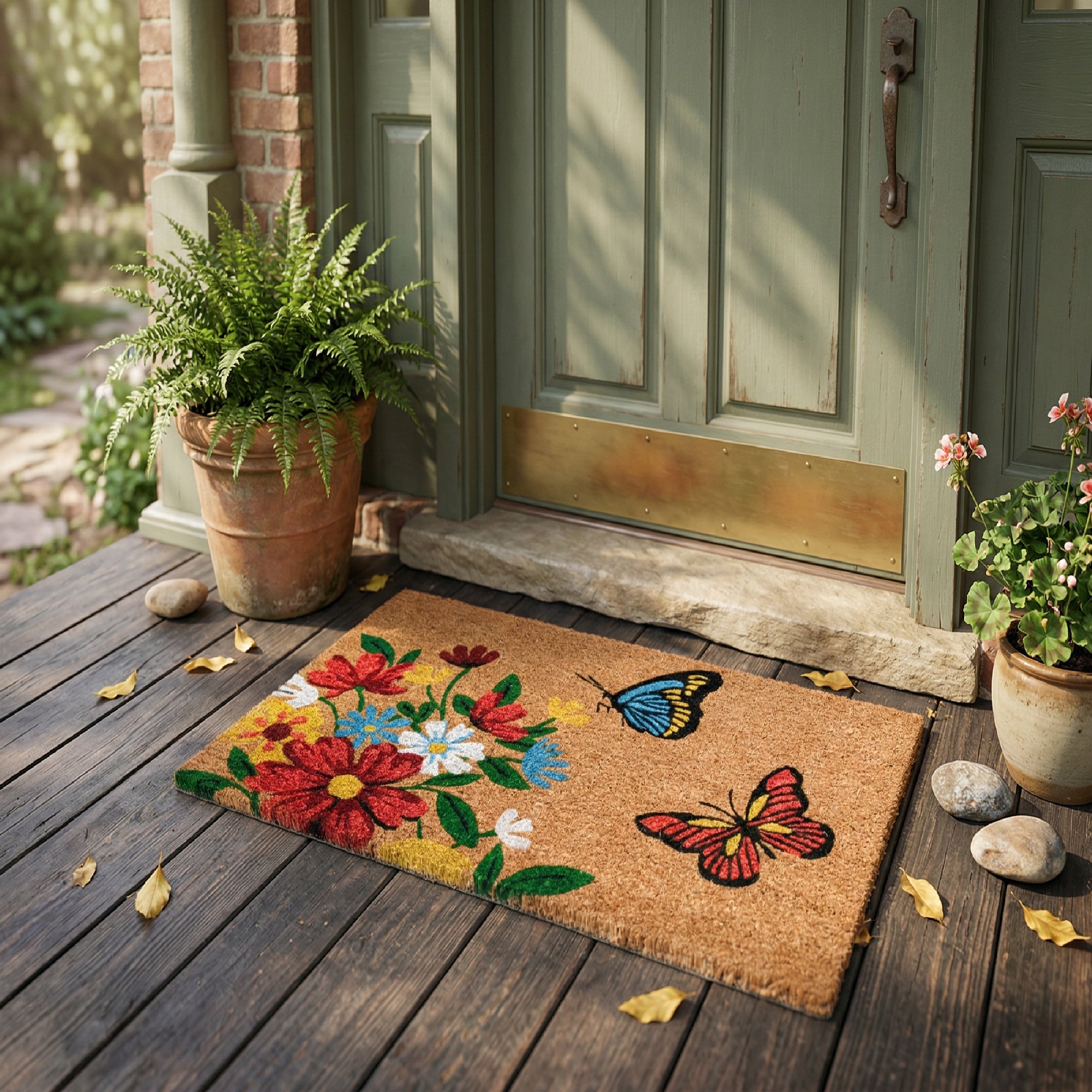 Coir Door Mat Flowers & Butterflies Motif