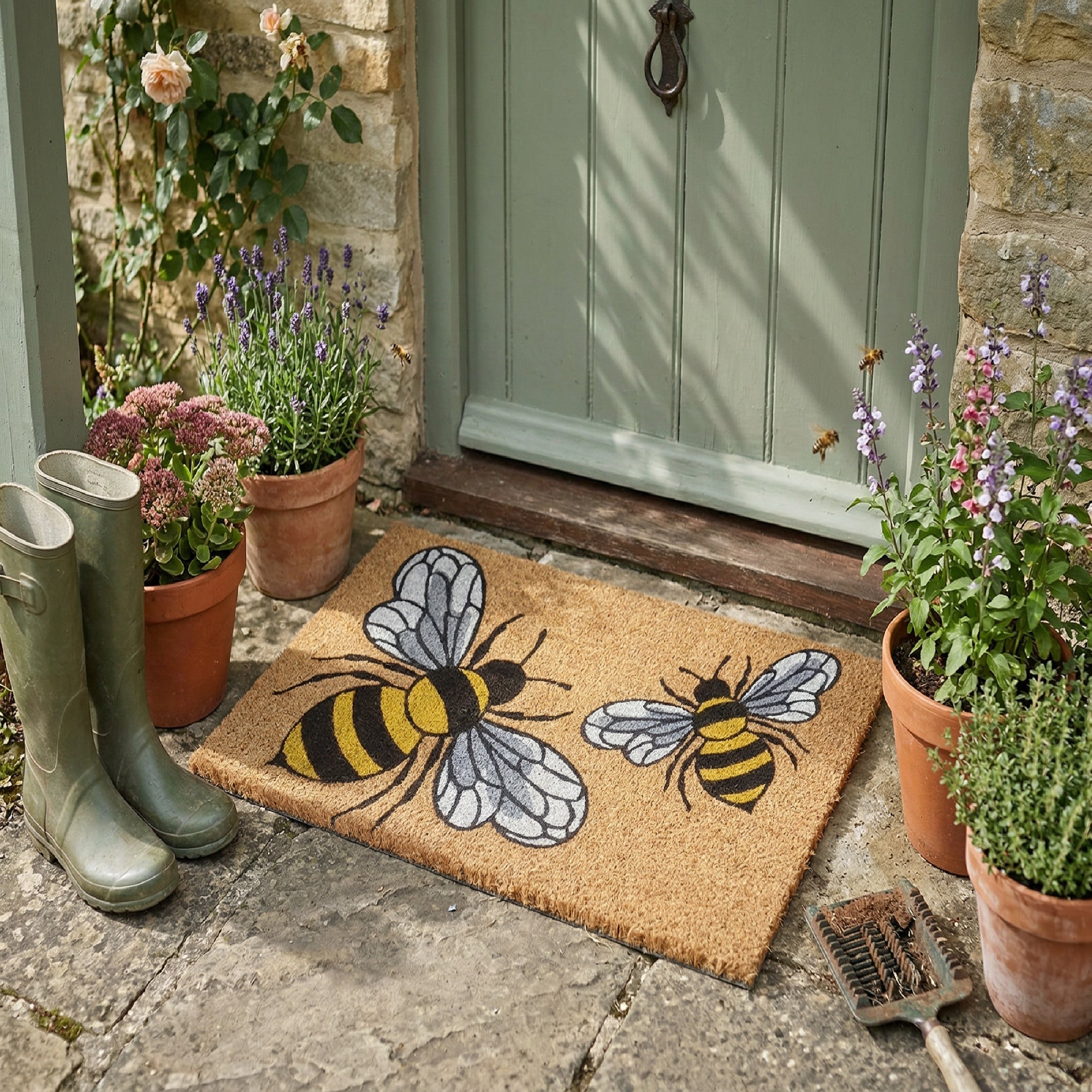 Coir Door Mat with Bees Motif