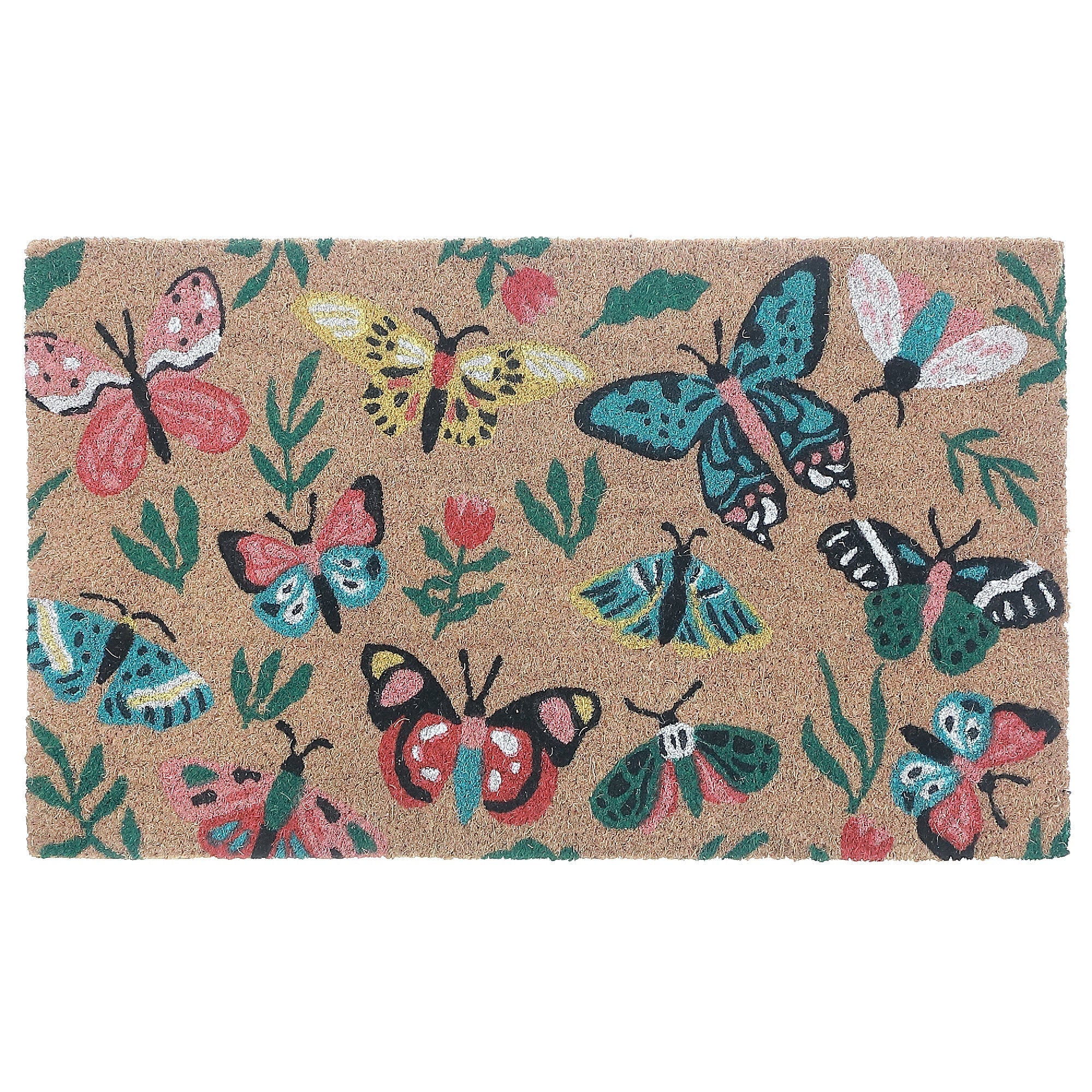 Coir Door Mat Garden Butterflies 18 X 30 Inch, Outdoor Front Porch Welcome Mat