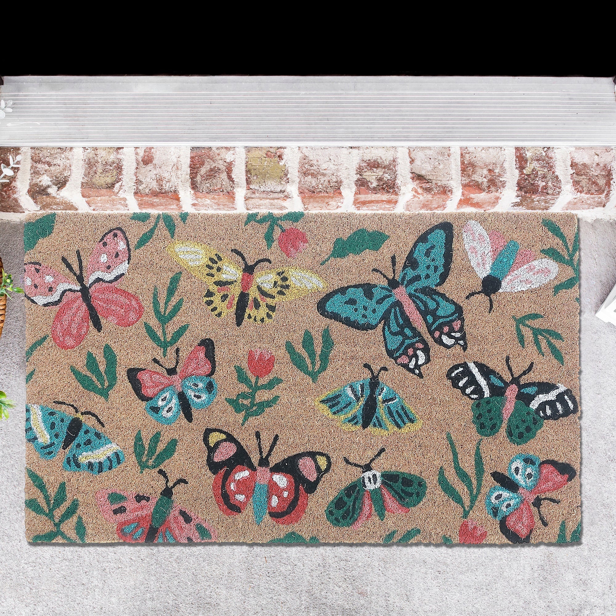 Coir Door Mat Garden Butterflies 18 X 30 Inch, Outdoor Front Porch Welcome Mat