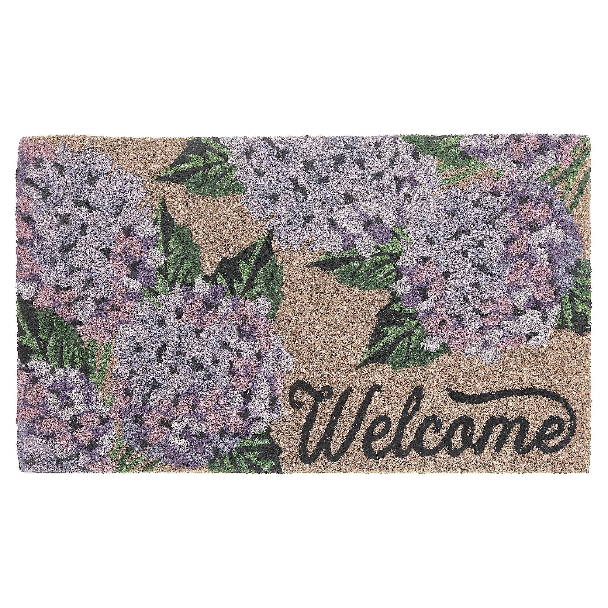 Coir Door Mat Hydrangea Welcome 18 X 30 Inch, Outdoor Front Door Welcome Mat, Porch Decor