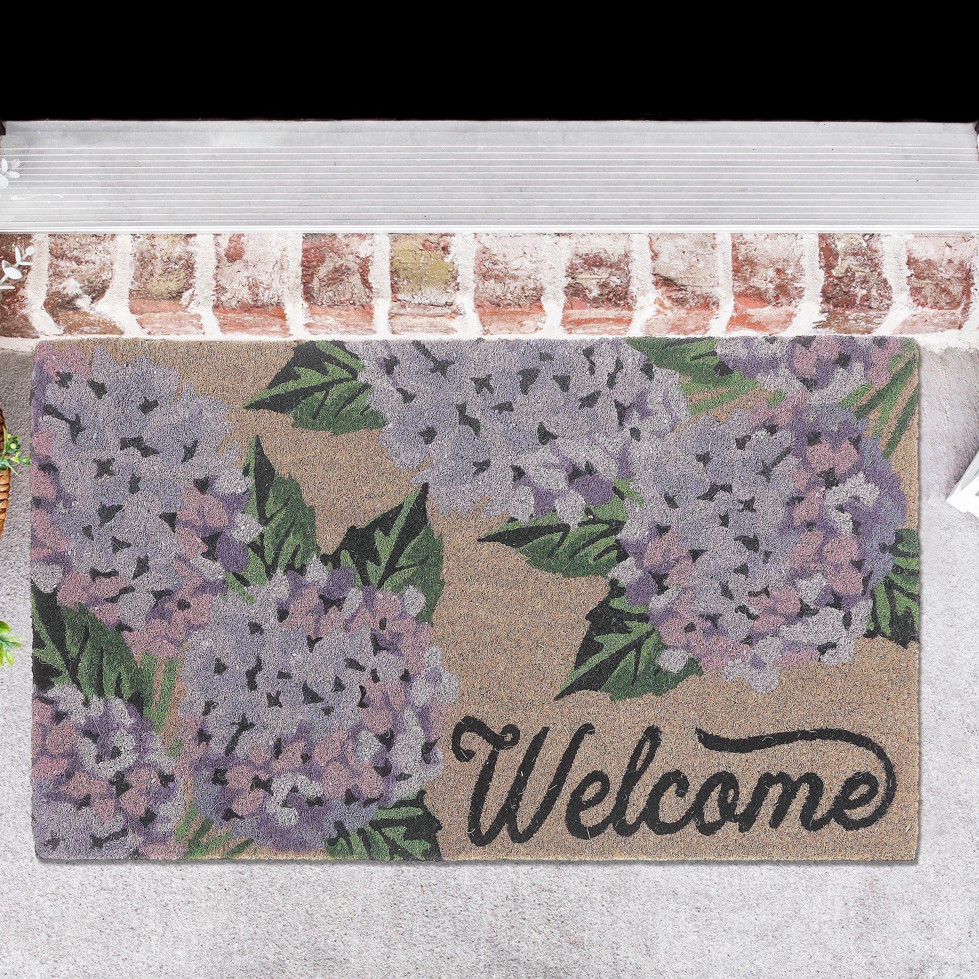 Coir Door Mat Hydrangea Welcome 18 X 30 Inch, Outdoor Front Door Welcome Mat, Porch Decor