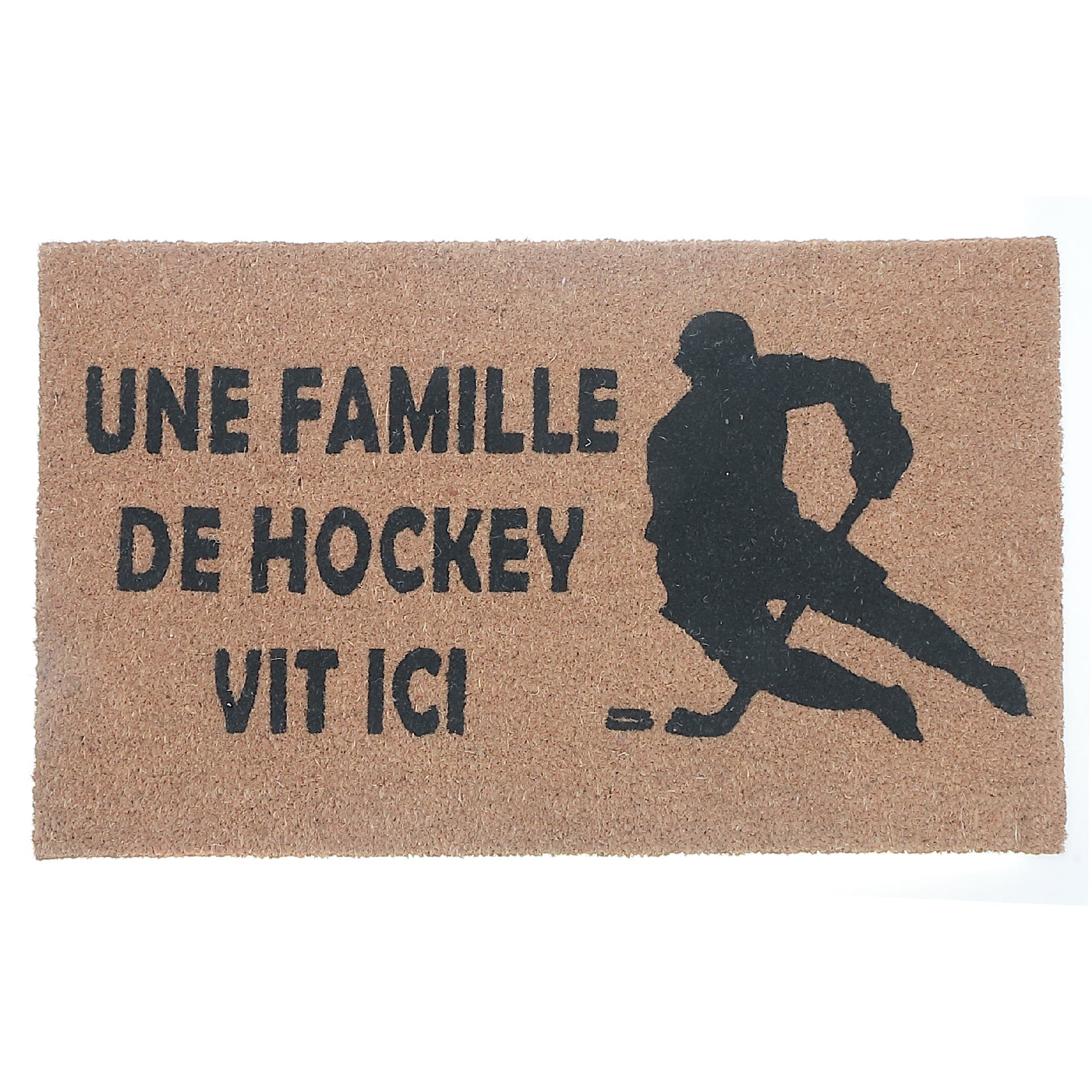 Coir Door Mat “Une Famille De Hockey Vit Ici” – Personalized Doormat, Natural Fiber