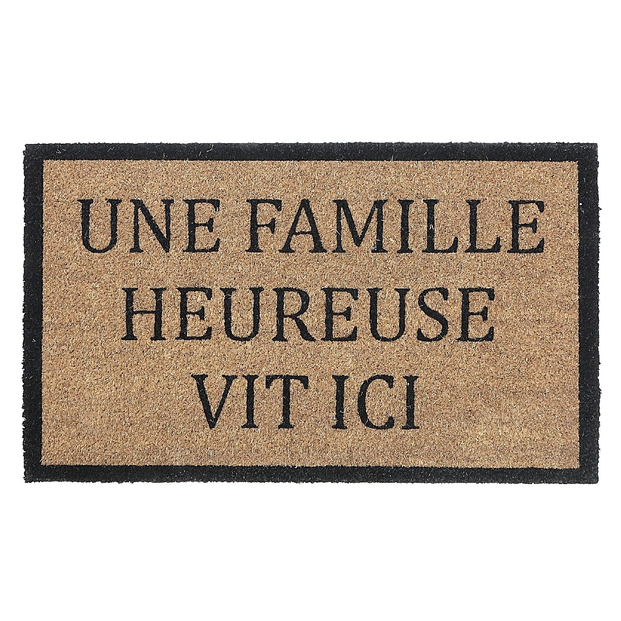 Coir Door Mat "Une Famille Heureuse Vit Ici", 16x48 Inch, Natural Fiber Welcome Mat, Entryway Decor
