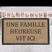 Coir Door Mat "Une Famille Heureuse Vit Ici", 16x48 Inch, Natural Fiber Welcome Mat, Entryway Decor