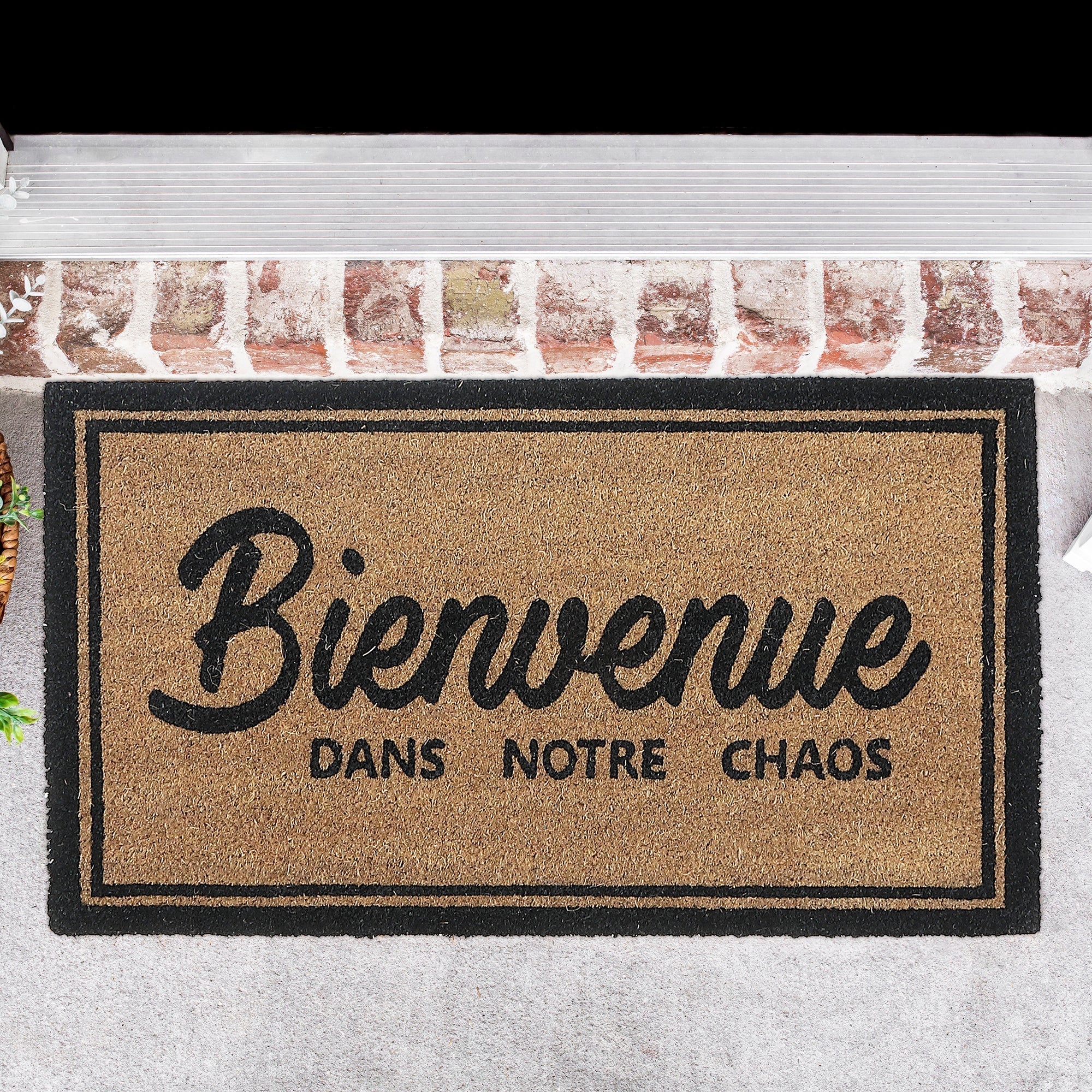 Coir Door Mat "Bienvenue Dans Notre Chaos", 16x48 Inch, Natural Fiber Welcome Mat