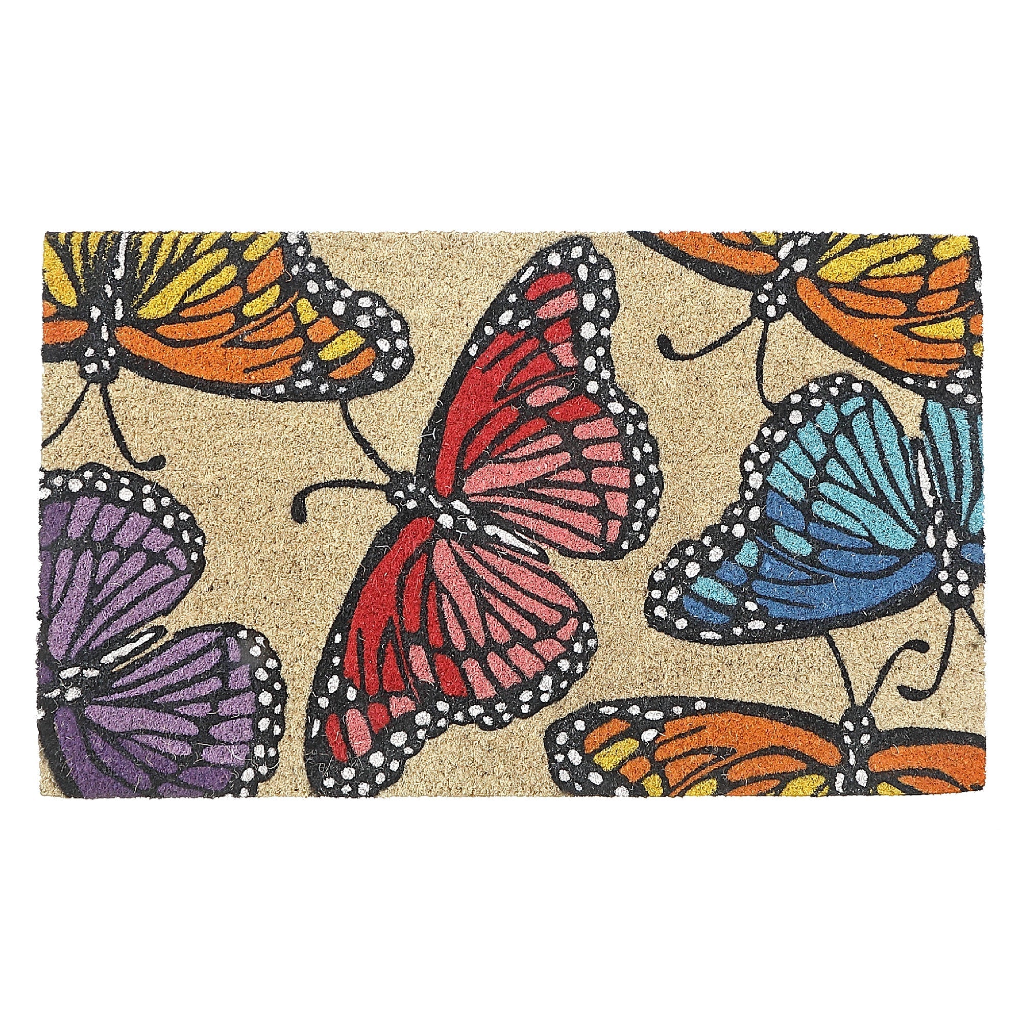 Coir Door Mat Rainbow Butterflies, Natural Fiber Welcome Mat, Entryway Decor