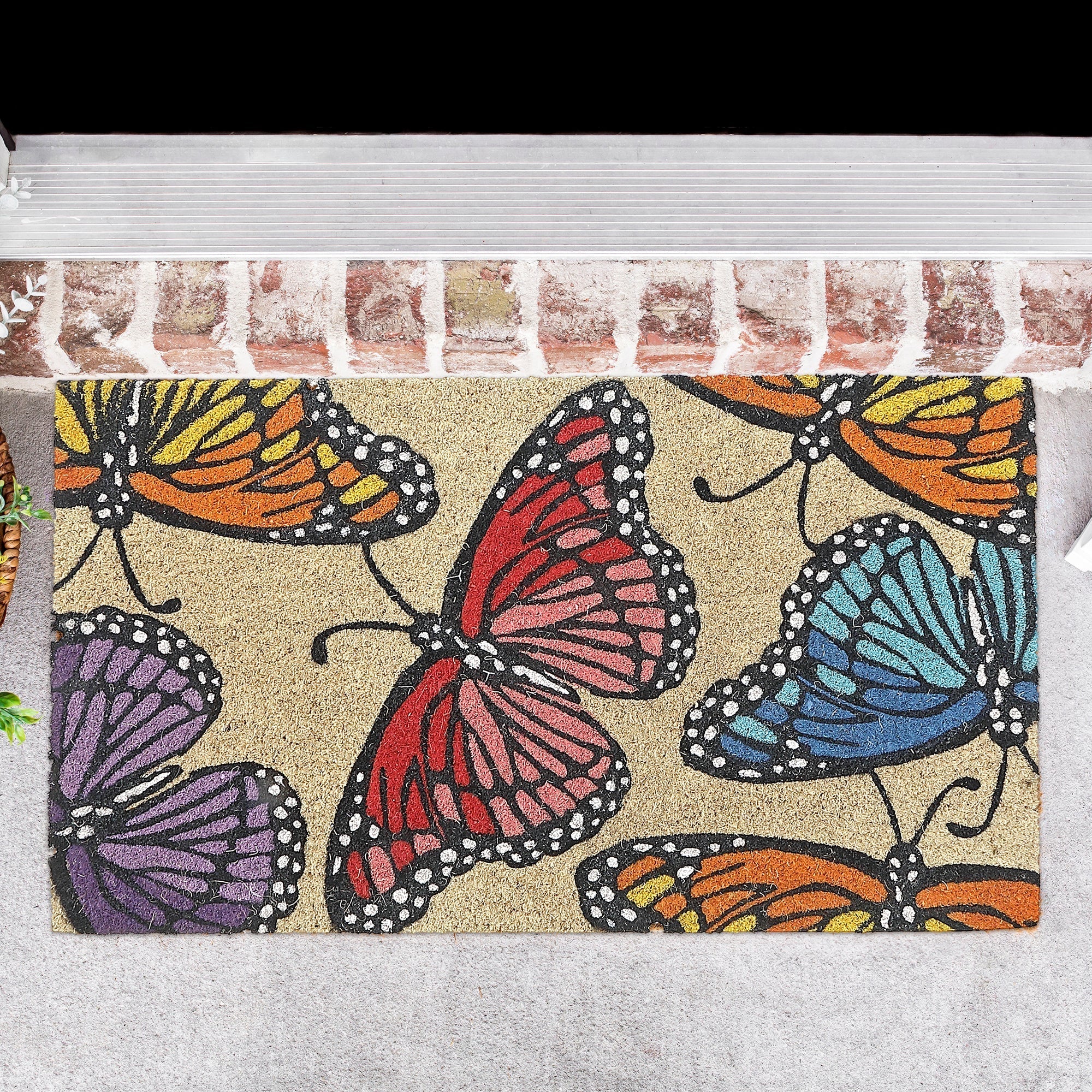 Coir Door Mat Rainbow Butterflies, Natural Fiber Welcome Mat, Entryway Decor