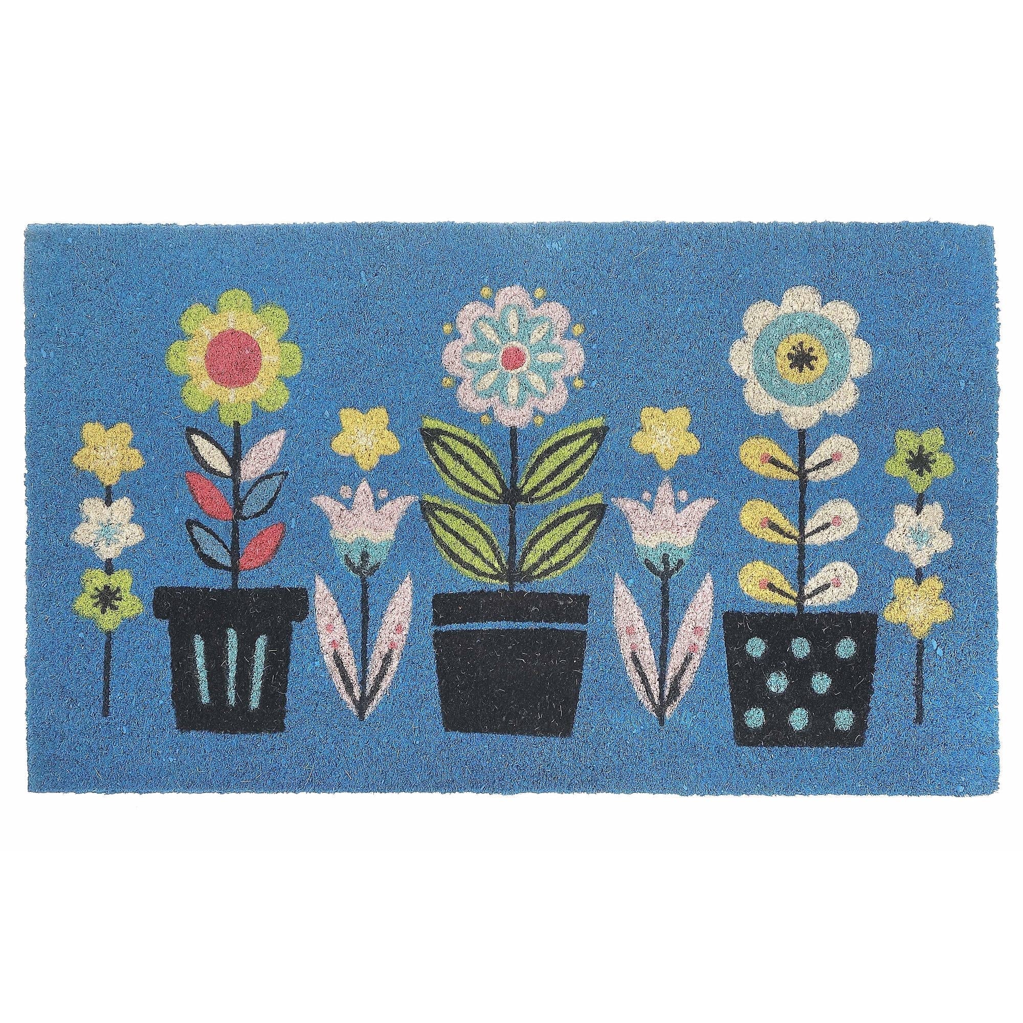 Coir Door Mat Triple Florals 18 X 30 Inch, Large Outdoor Welcome Mat, Front Porch Decor