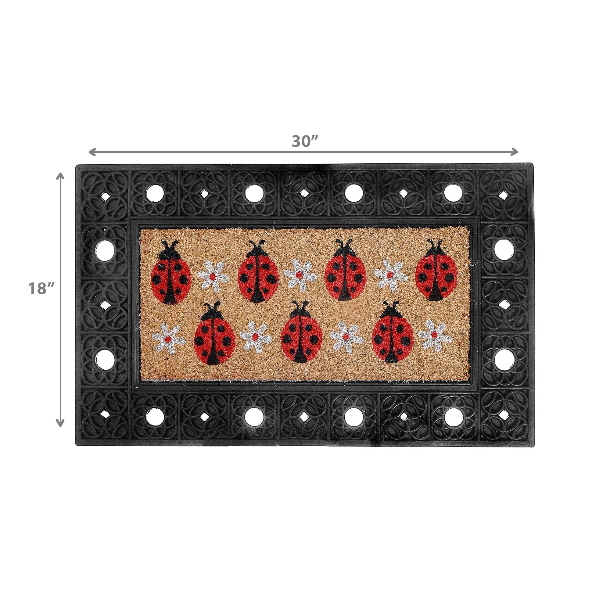 Rubber & Coir Mat Lady Bugs & Flowers, Ladybugs And Flowers Rubber And Coir Mat, Garden Themed Welcome Rug, Non Slip Outdoor Entry Mat