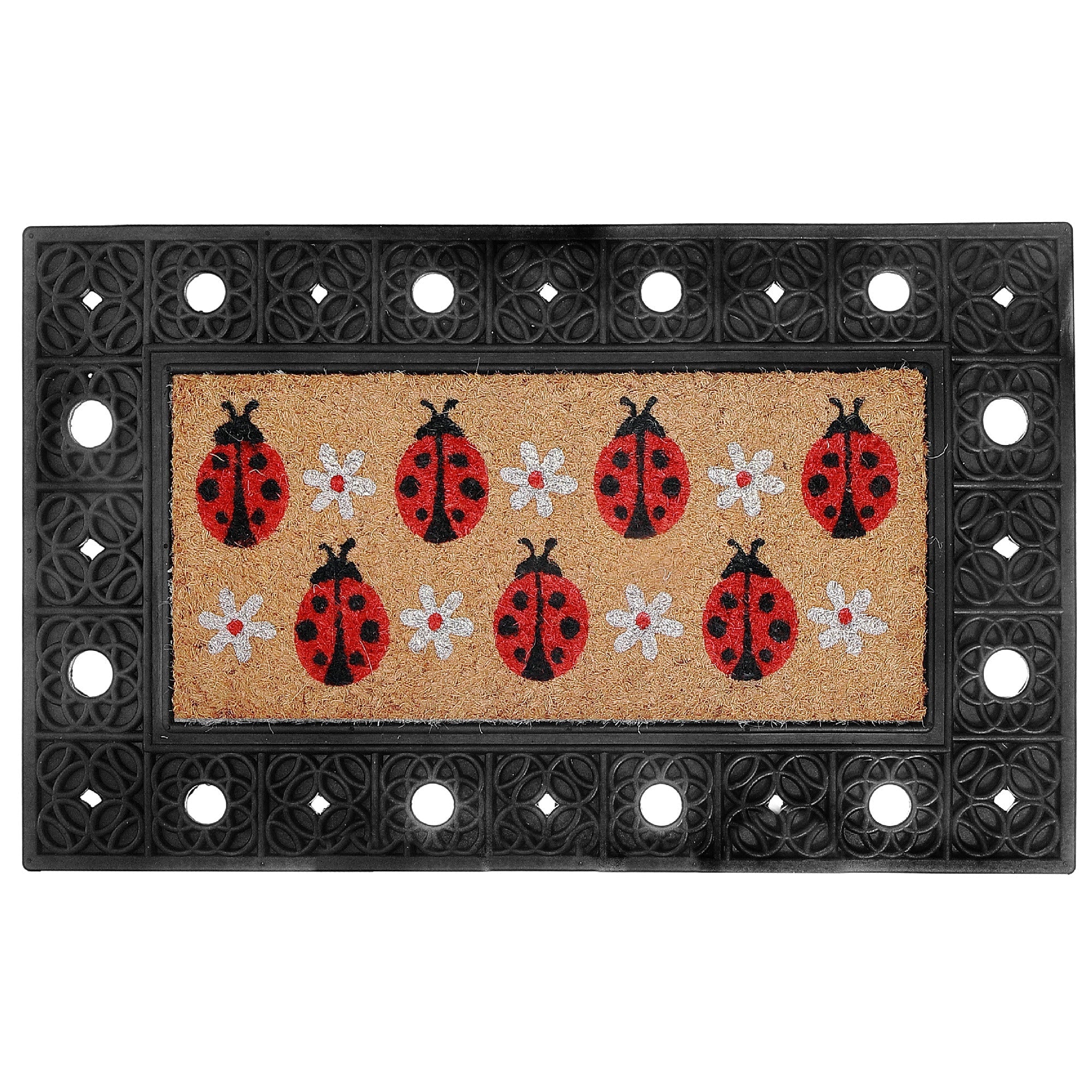 Rubber & Coir Mat Lady Bugs & Flowers, Ladybugs And Flowers Rubber And Coir Mat, Garden Themed Welcome Rug, Non Slip Outdoor Entry Mat
