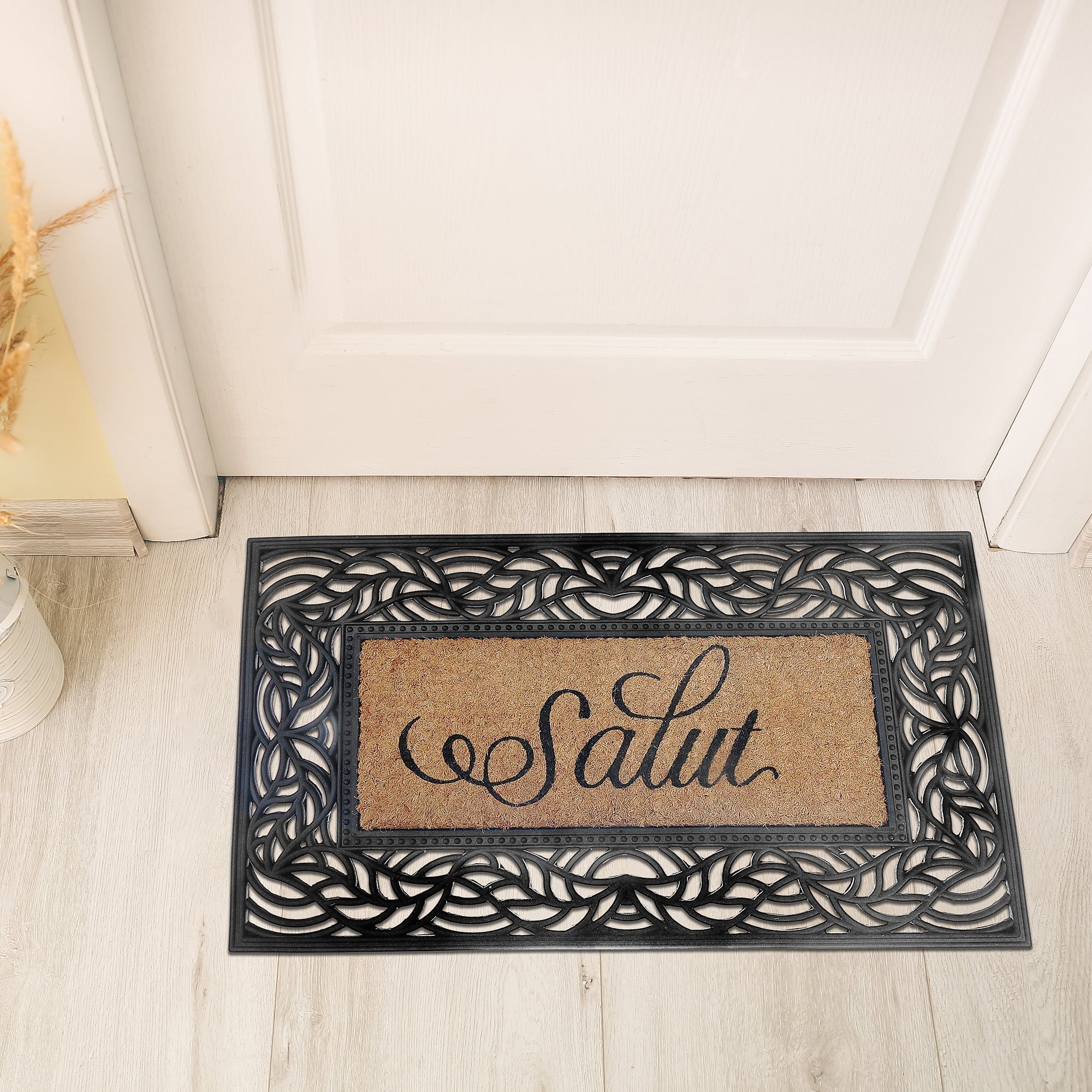Rubber & Coir Mat Salut, Salut Welcome Rubber And Coir Mat, Bilingual Entryway Rug, Non Slip Outdoor Door Mat, Decorative Porch Mat