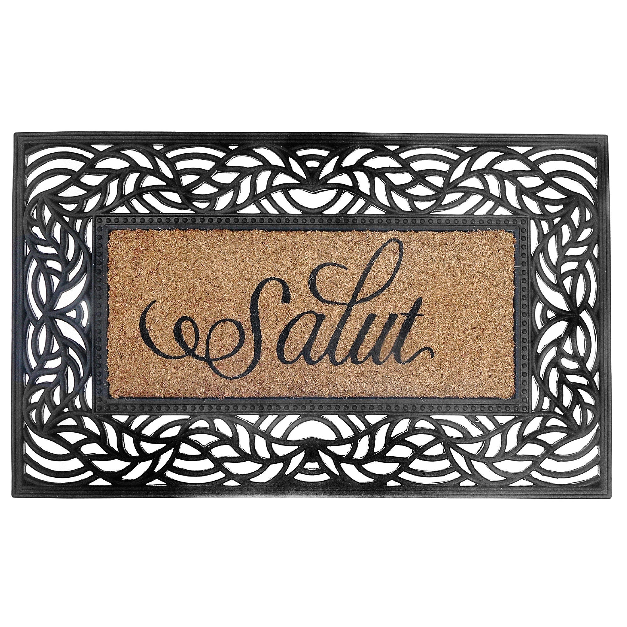 Rubber & Coir Mat Salut, Salut Welcome Rubber And Coir Mat, Bilingual Entryway Rug, Non Slip Outdoor Door Mat, Decorative Porch Mat