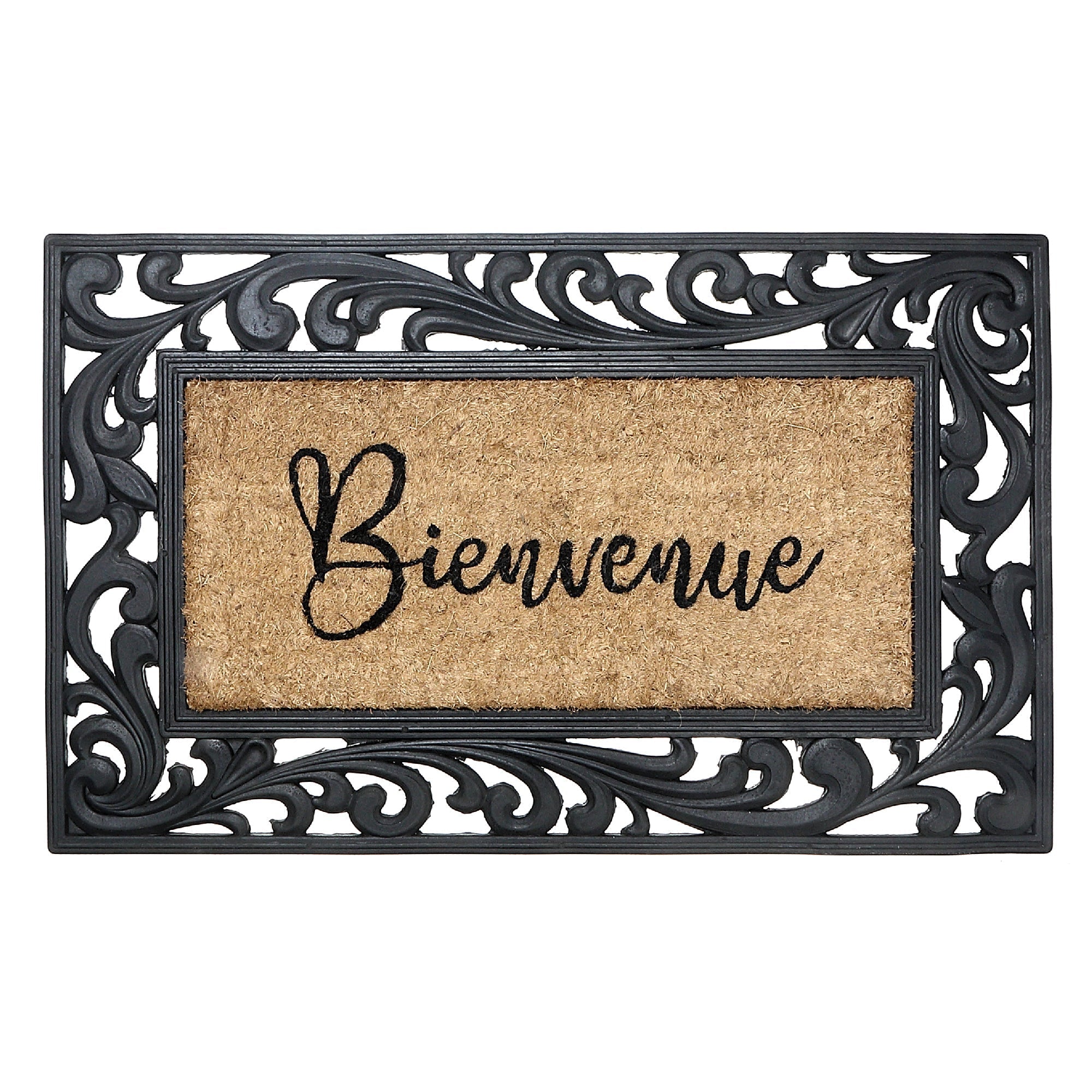 Rubber & Coir Mat "Bienvenue", Entryway Rug, Indoor Outdoor Doormat