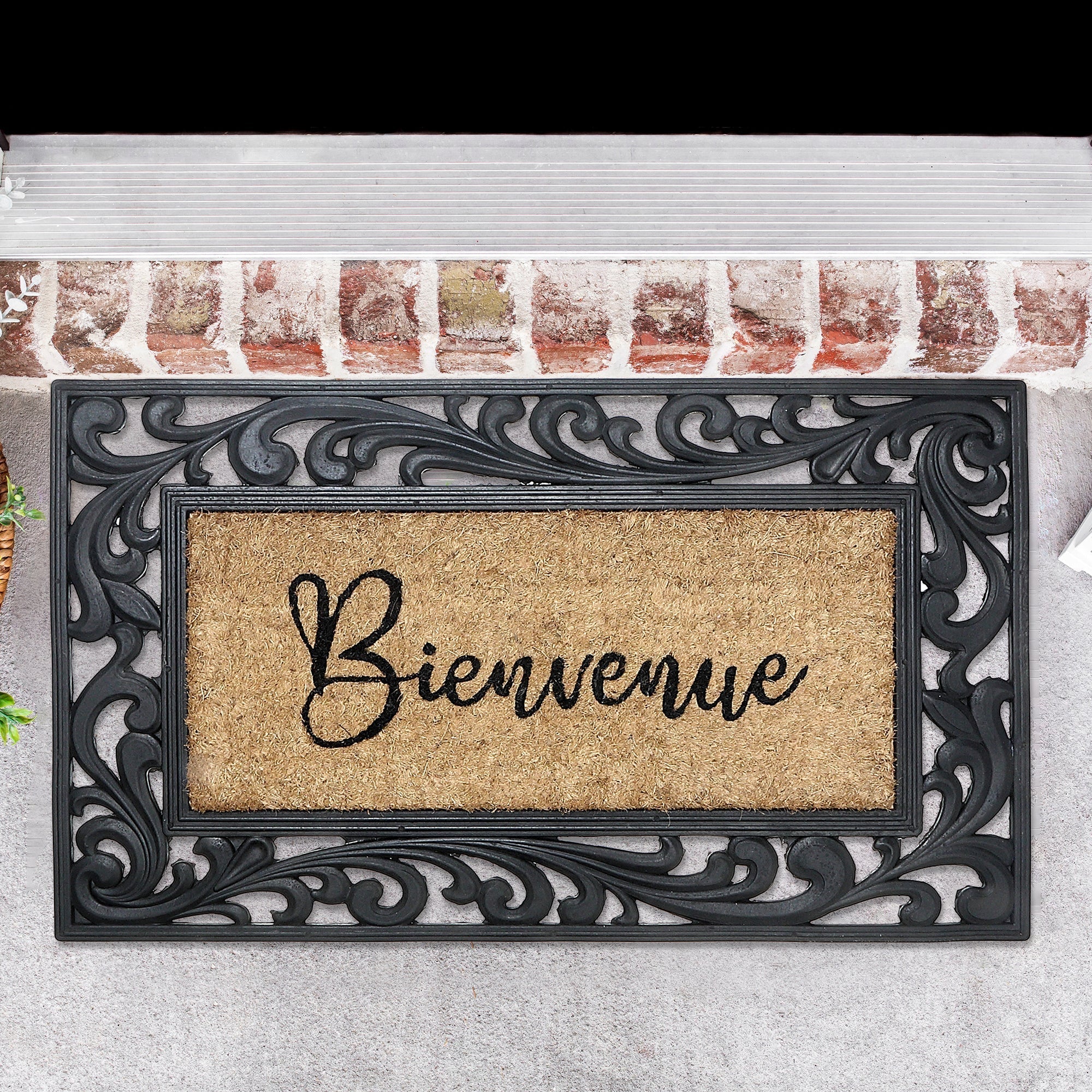 Rubber & Coir Mat "Bienvenue", Entryway Rug, Indoor Outdoor Doormat