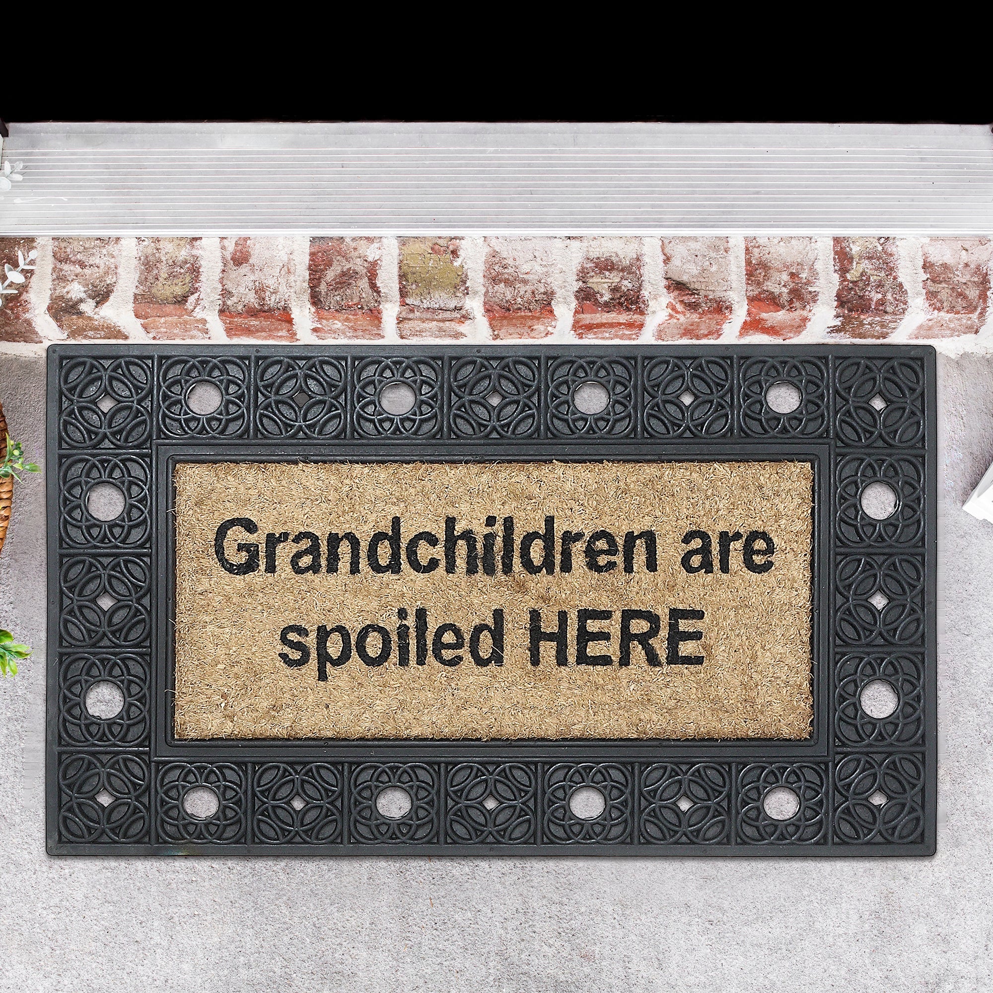 Rubber & Coir Mat "Grandchildren Are Spoiled Here", Entryway Rug, Indoor Outdoor Doormat