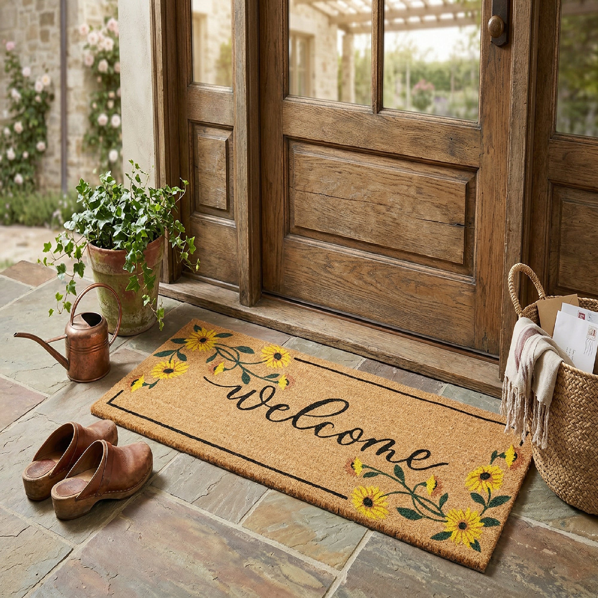 Coir Door Mat Sunflower Border "Welcome" (16" x 48")