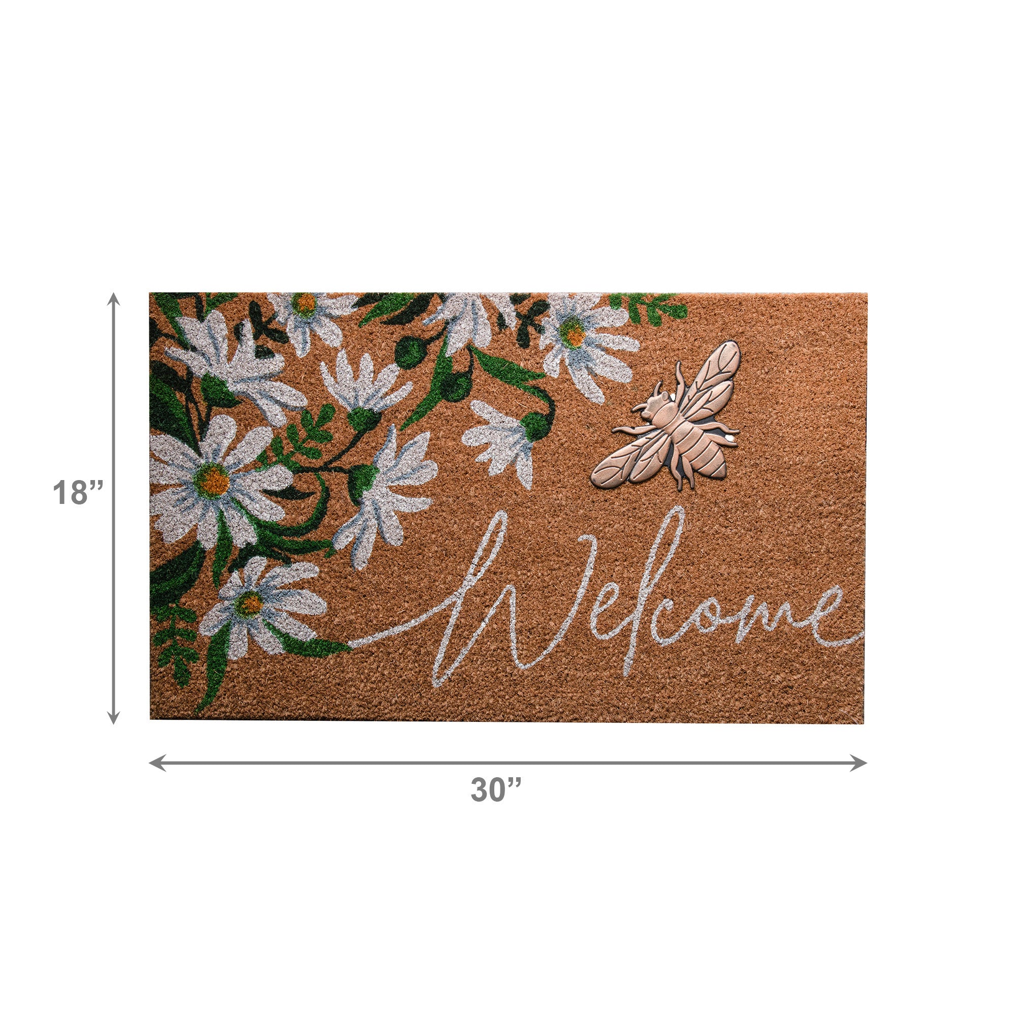 Coir Mat with Rubber Accent, Daisies & Metallic Bee "Welcome"