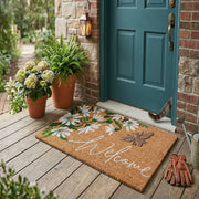 Coir Mat with Rubber Accent, Daisies & Metallic Bee "Welcome"