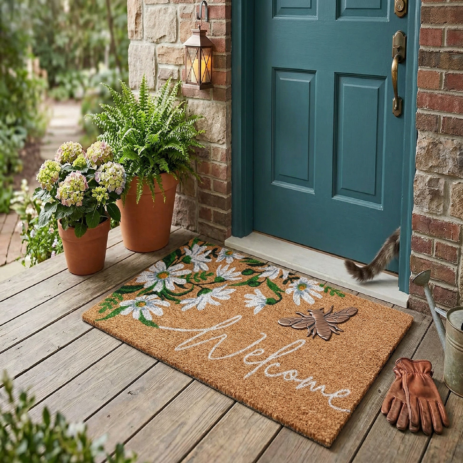 Coir Mat with Rubber Accent, Daisies & Metallic Bee "Welcome"
