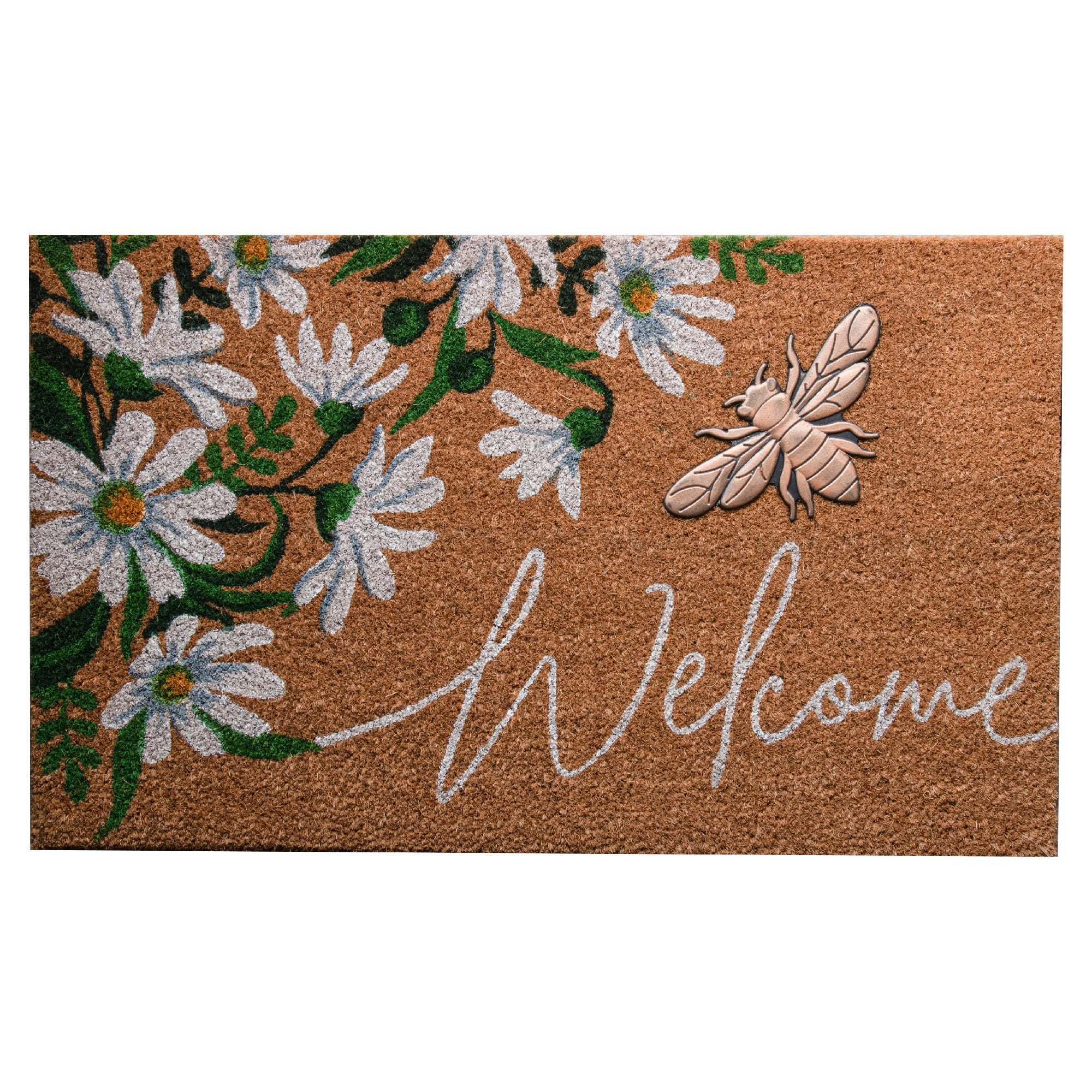 Coir Mat with Rubber Accent, Daisies & Metallic Bee "Welcome"