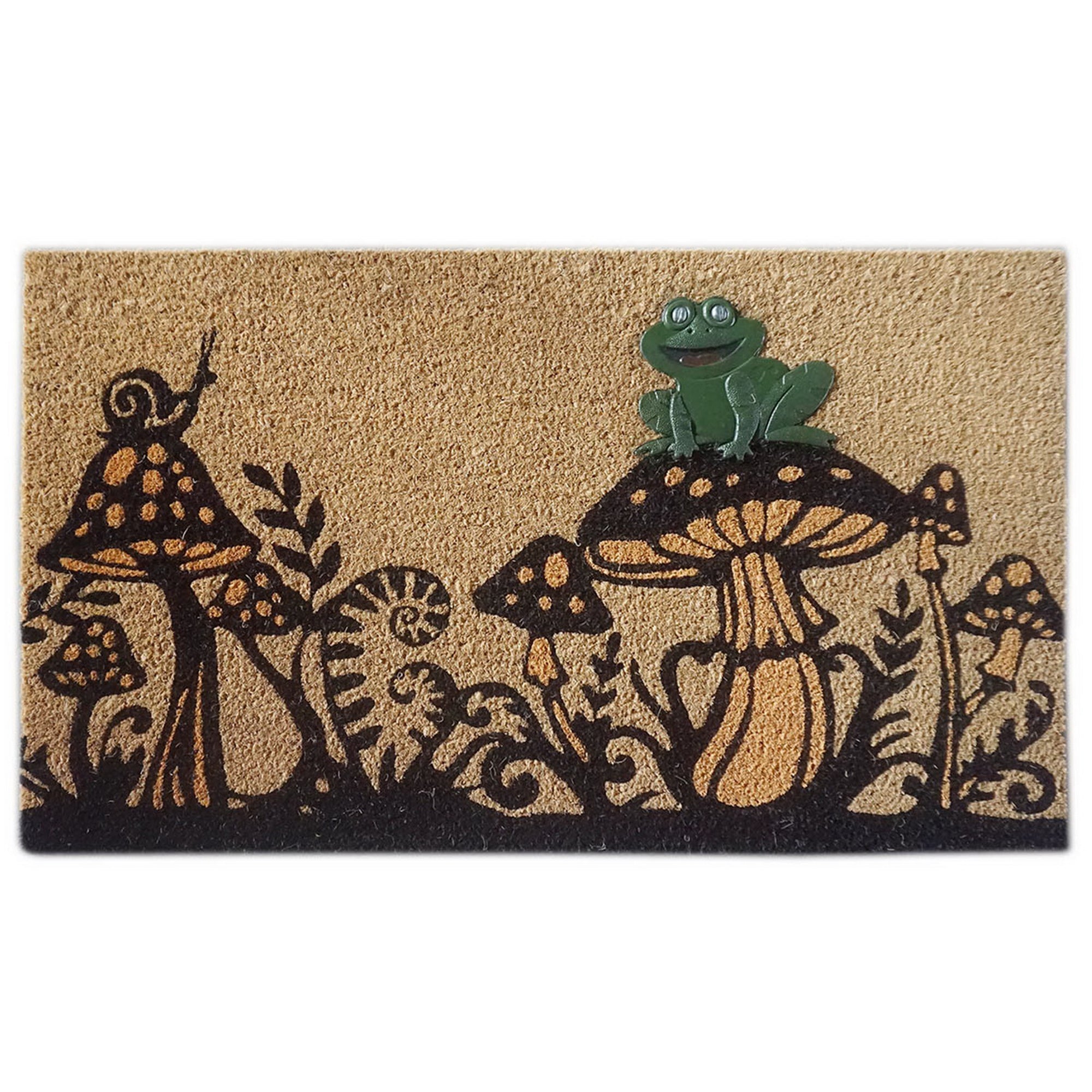 Coir Mat with Rubber Accent, Mushrooms & Frog Design