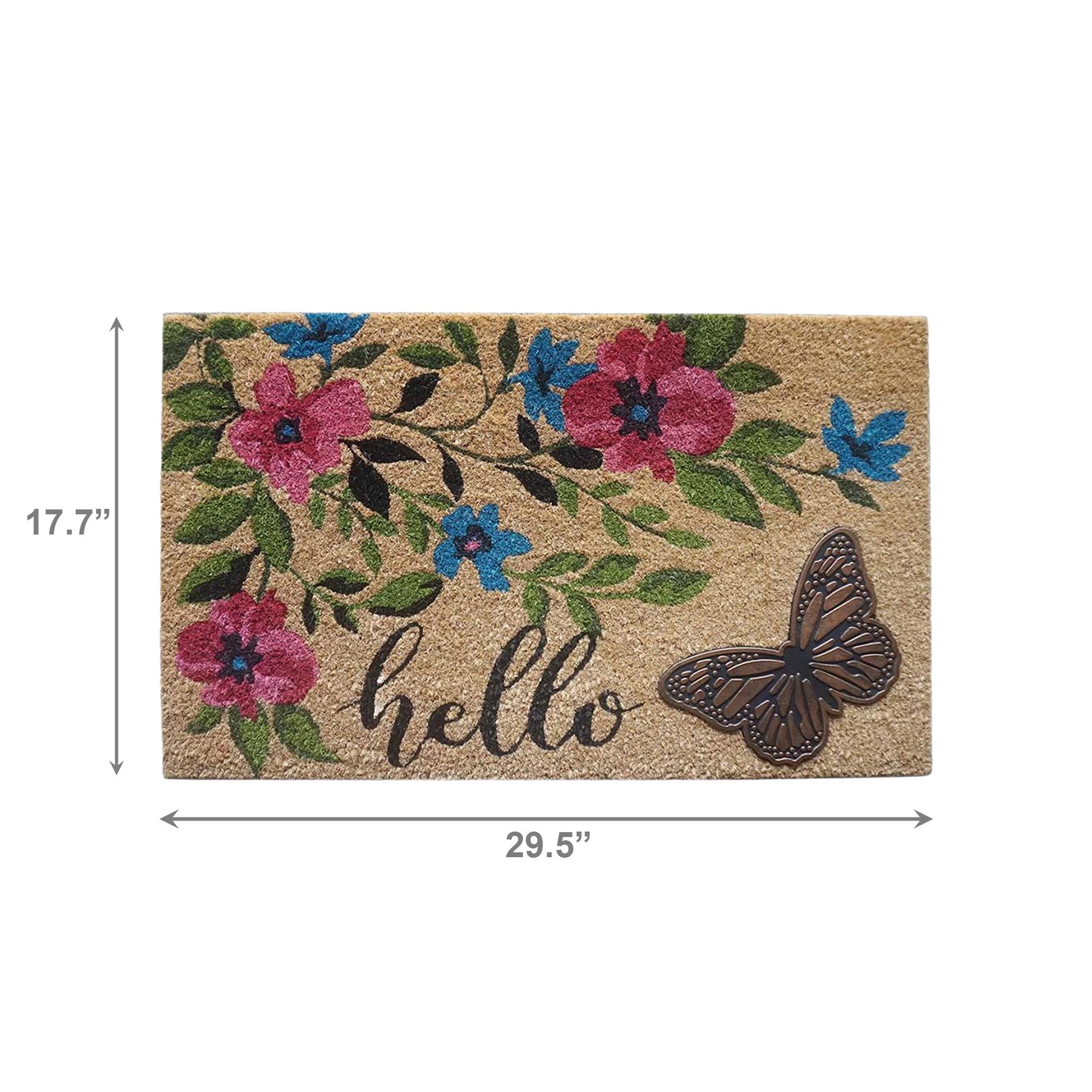 Coir Mat with Rubber Accent, "Hello" with Butterfly