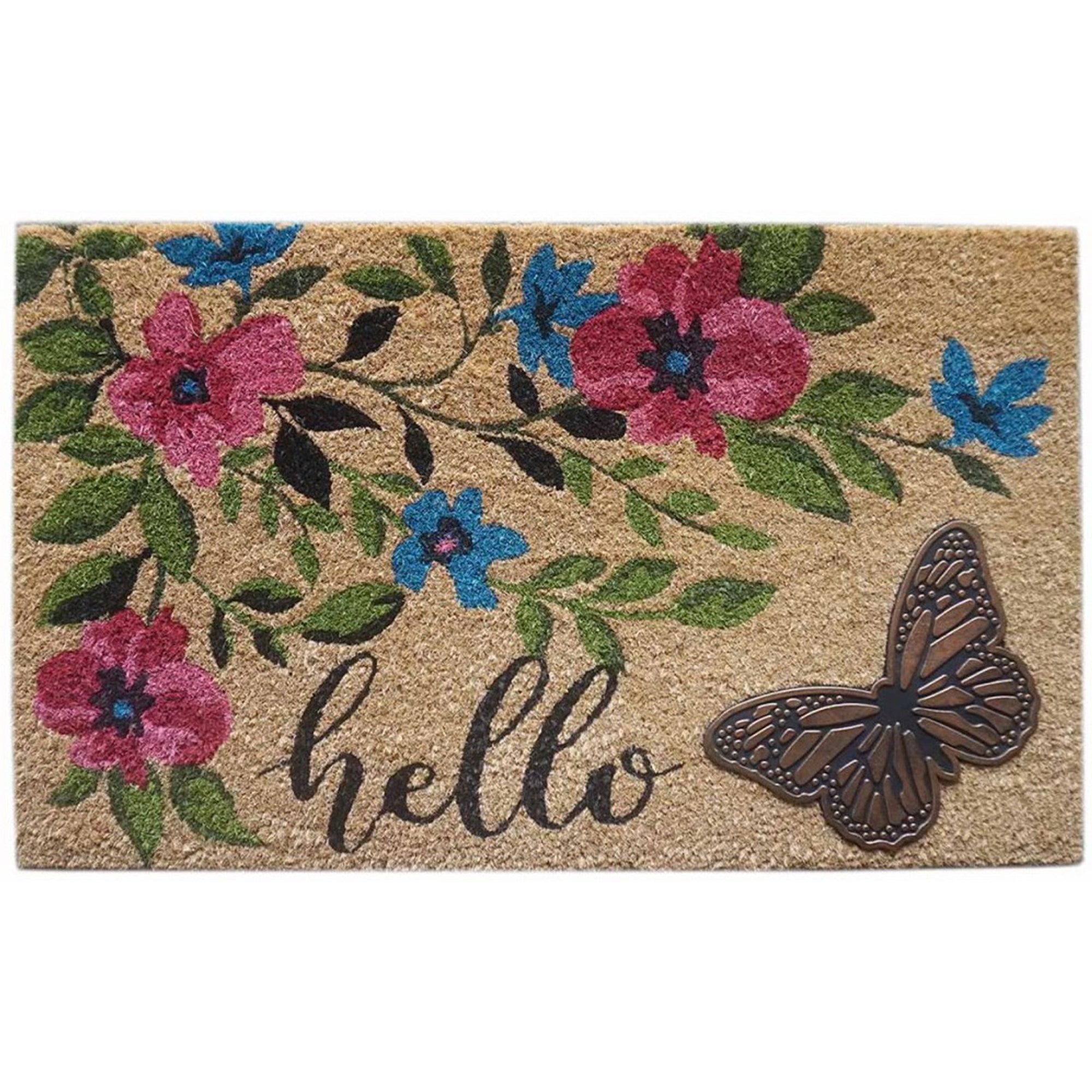 Coir Mat with Rubber Accent, "Hello" with Butterfly