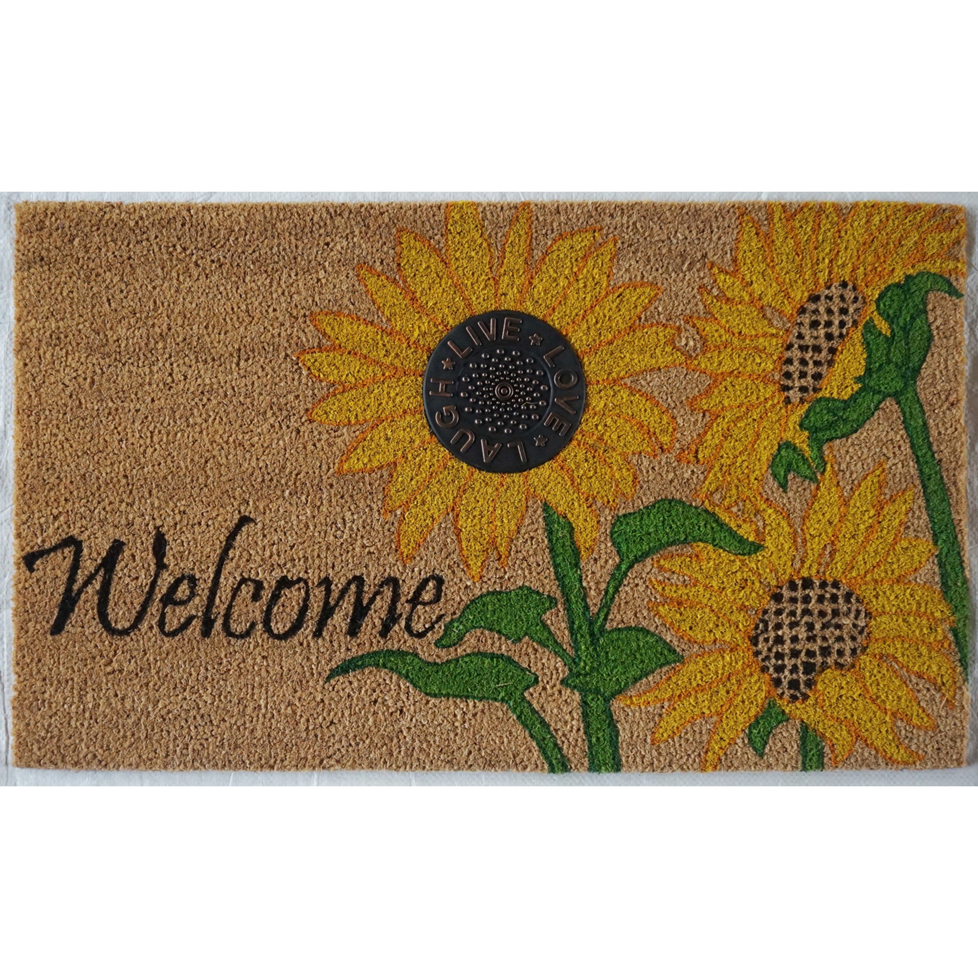 Coir Mat with Rubber Accent, "Welcome" with Sunflower