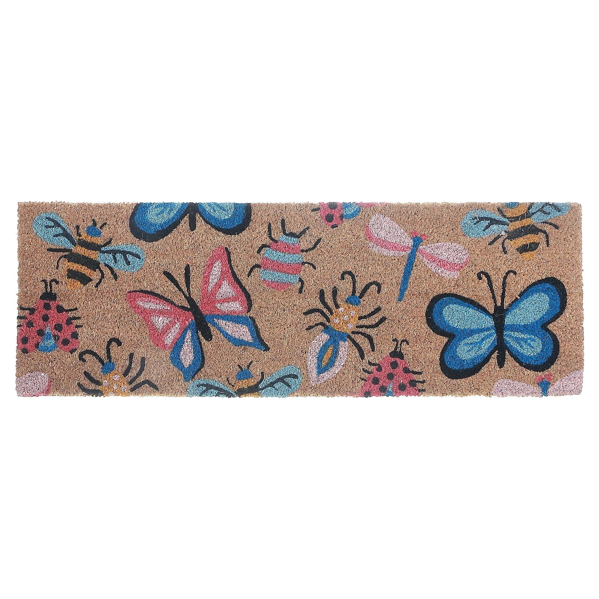 Coir Door Mat Butterflies And Bugs 10 X 30 Inch, Outdoor Welcome Mat, Front Porch Decor