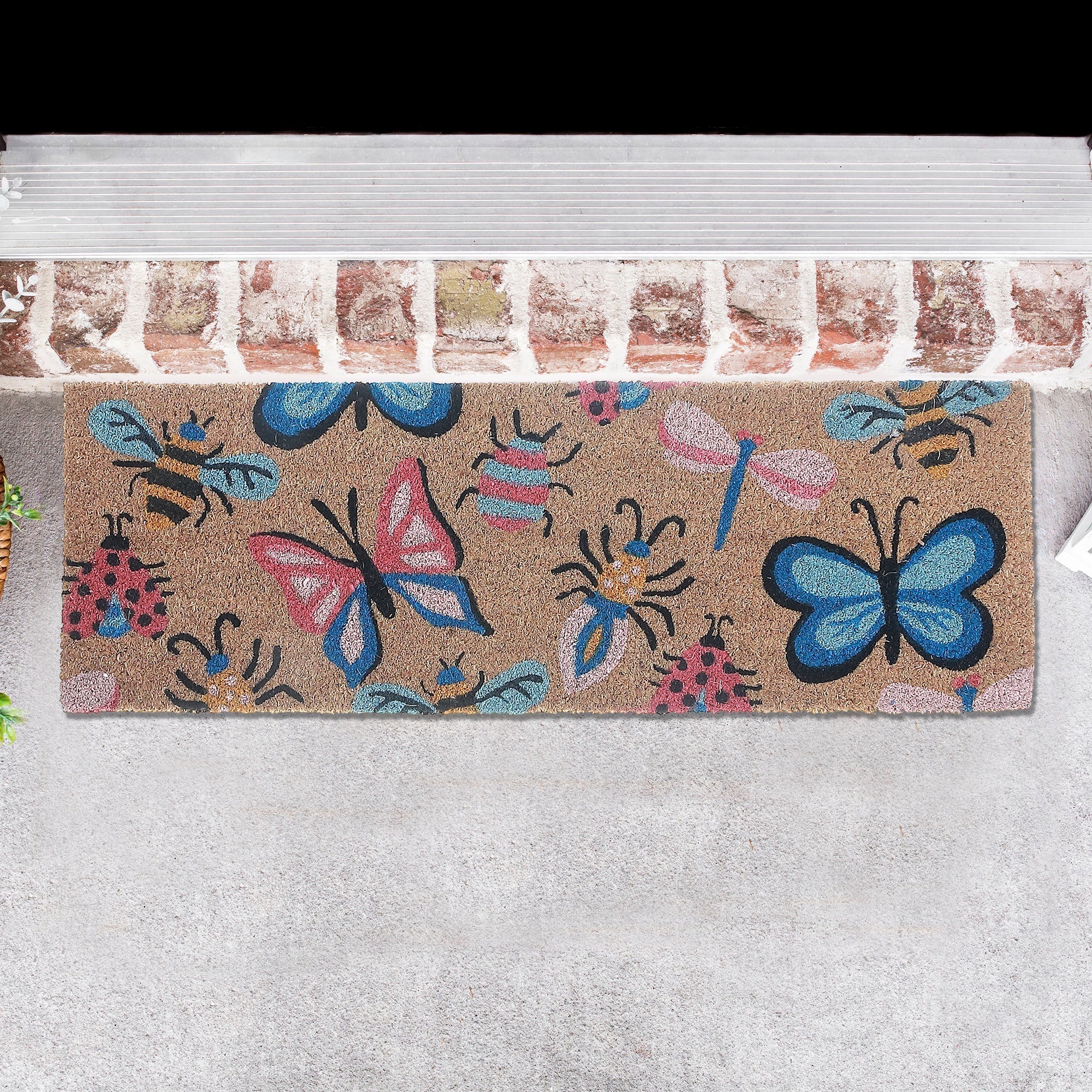 Coir Door Mat Butterflies And Bugs 10 X 30 Inch, Outdoor Welcome Mat, Front Porch Decor
