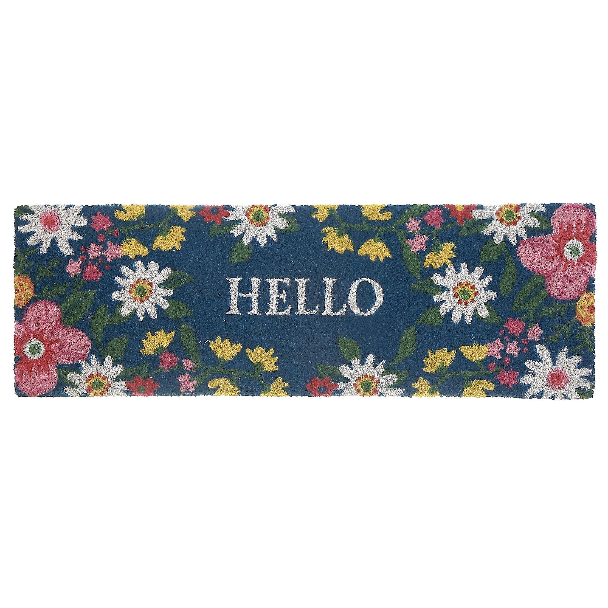 Coir Door Mat Floral Hello 10"x30" – Natural Fiber Welcome Mat, Indoor/Outdoor Use