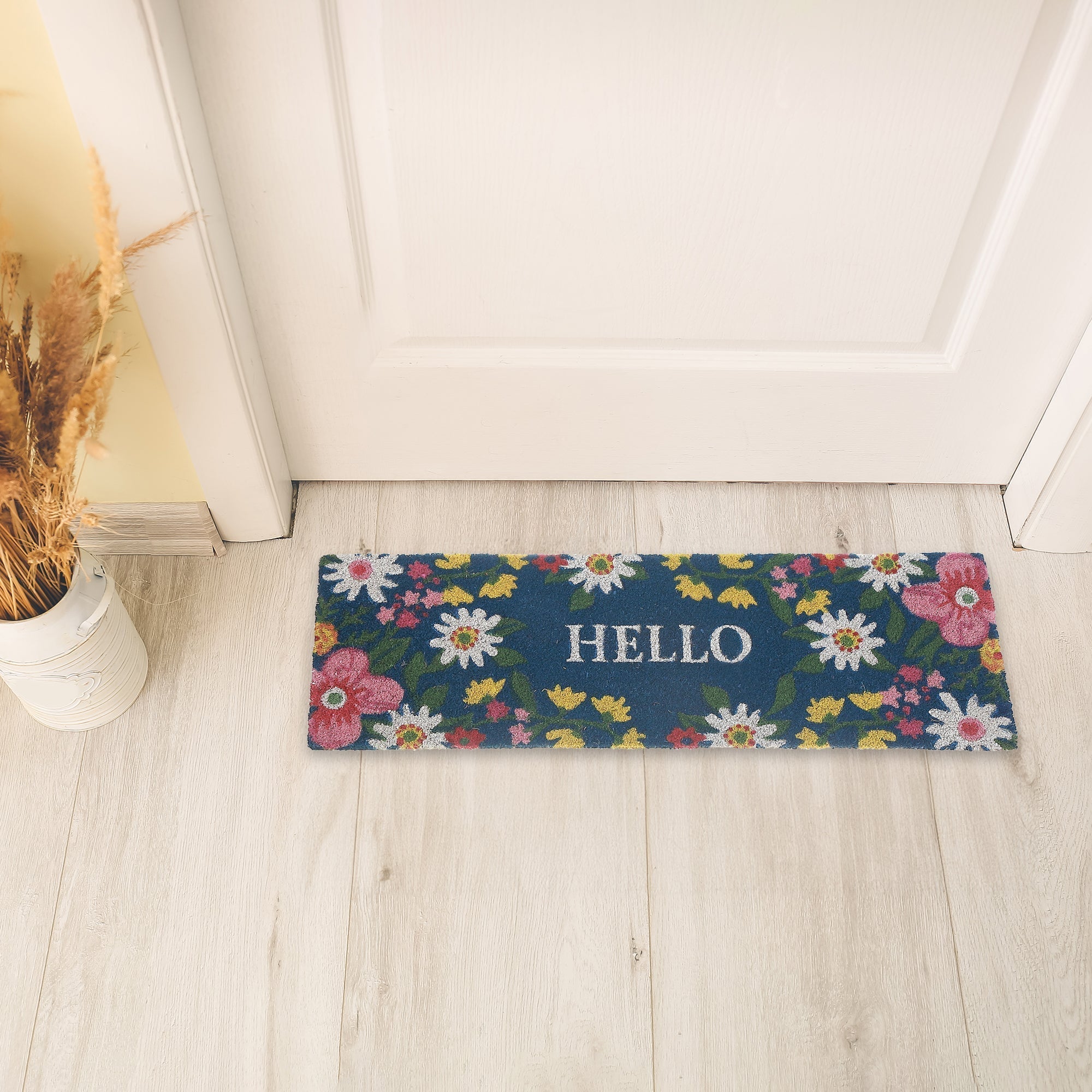 Coir Door Mat Floral Hello 10"x30" – Natural Fiber Welcome Mat, Indoor/Outdoor Use
