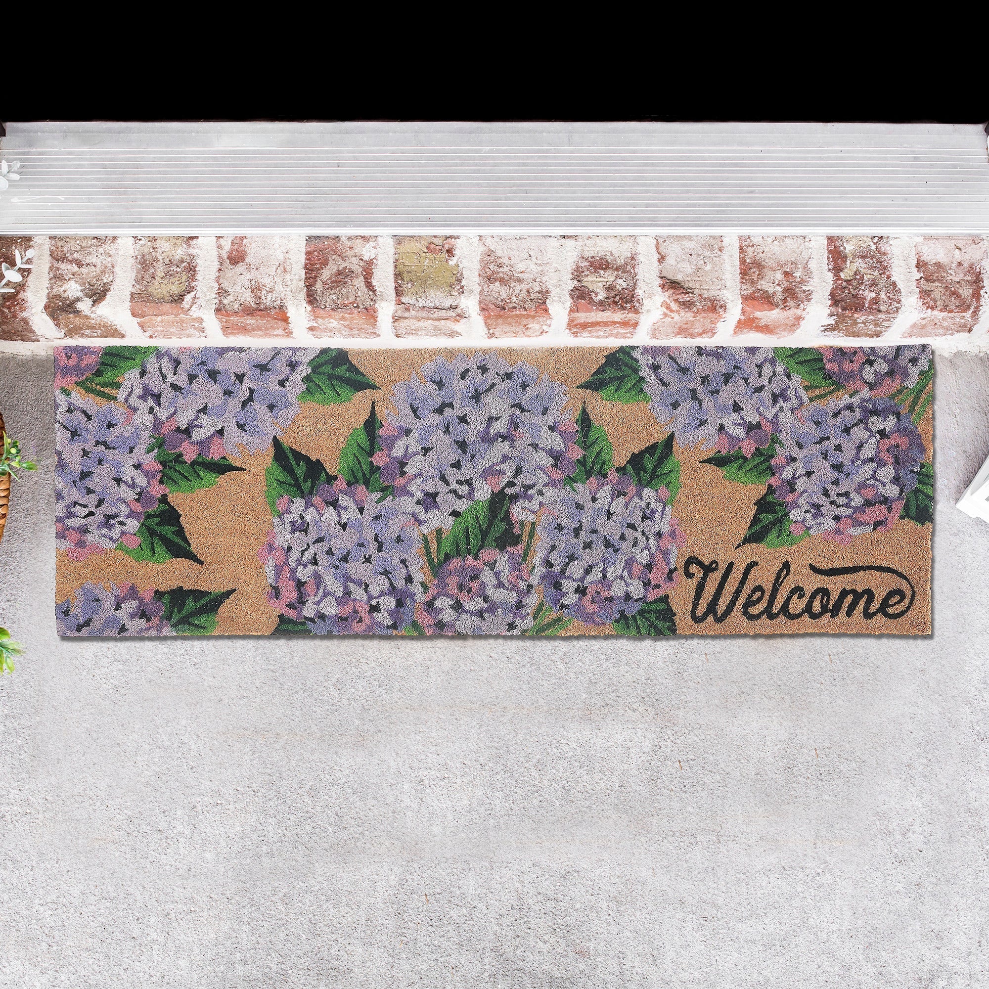 Coir Door Mat Hydrangea Welcome 10 X 30 Inch, Front Porch Outdoor Mat, Welcome Mat