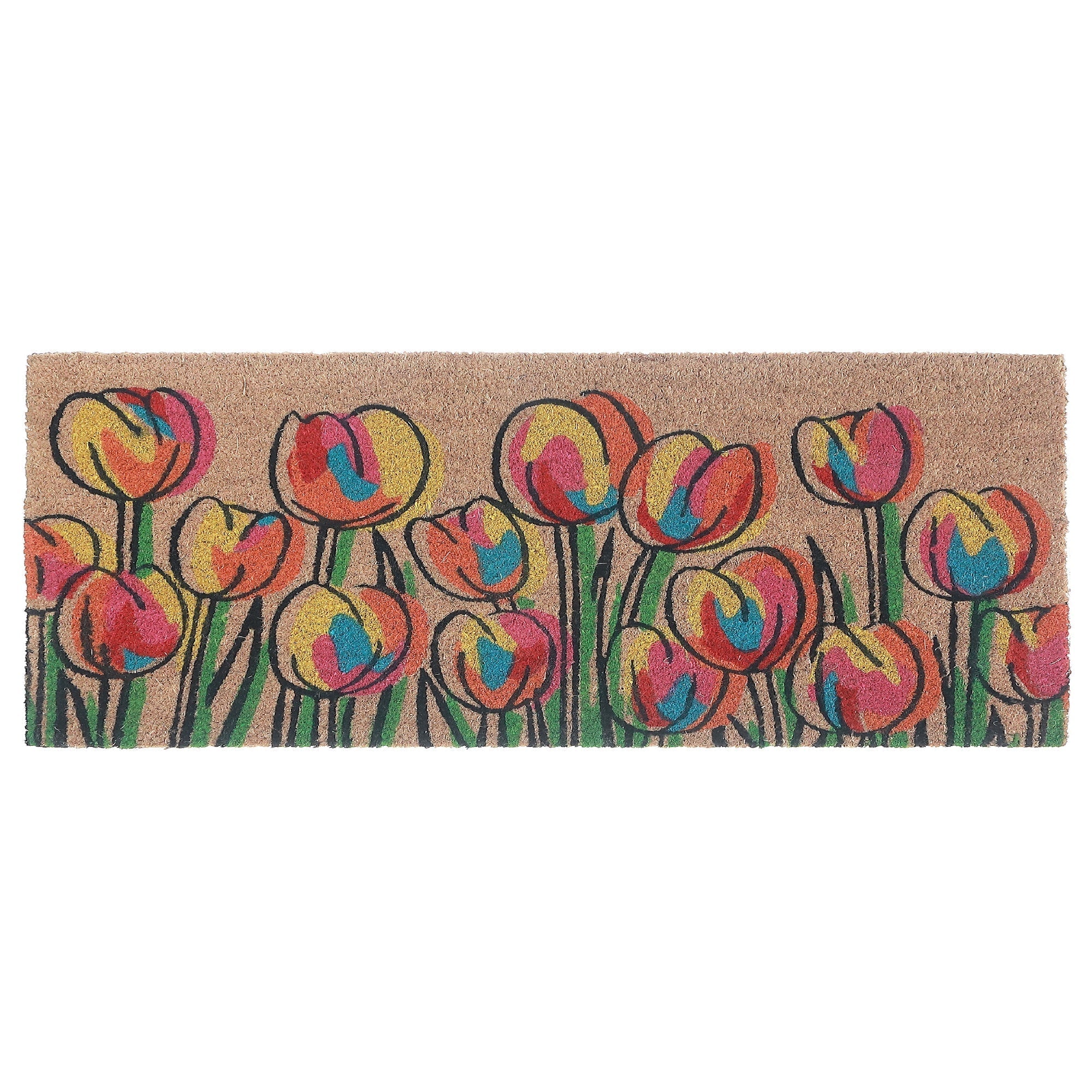Coir Door Mat Tulip Design 10 X 30 Inch, Outdoor Welcome Mat, Front Porch Decor