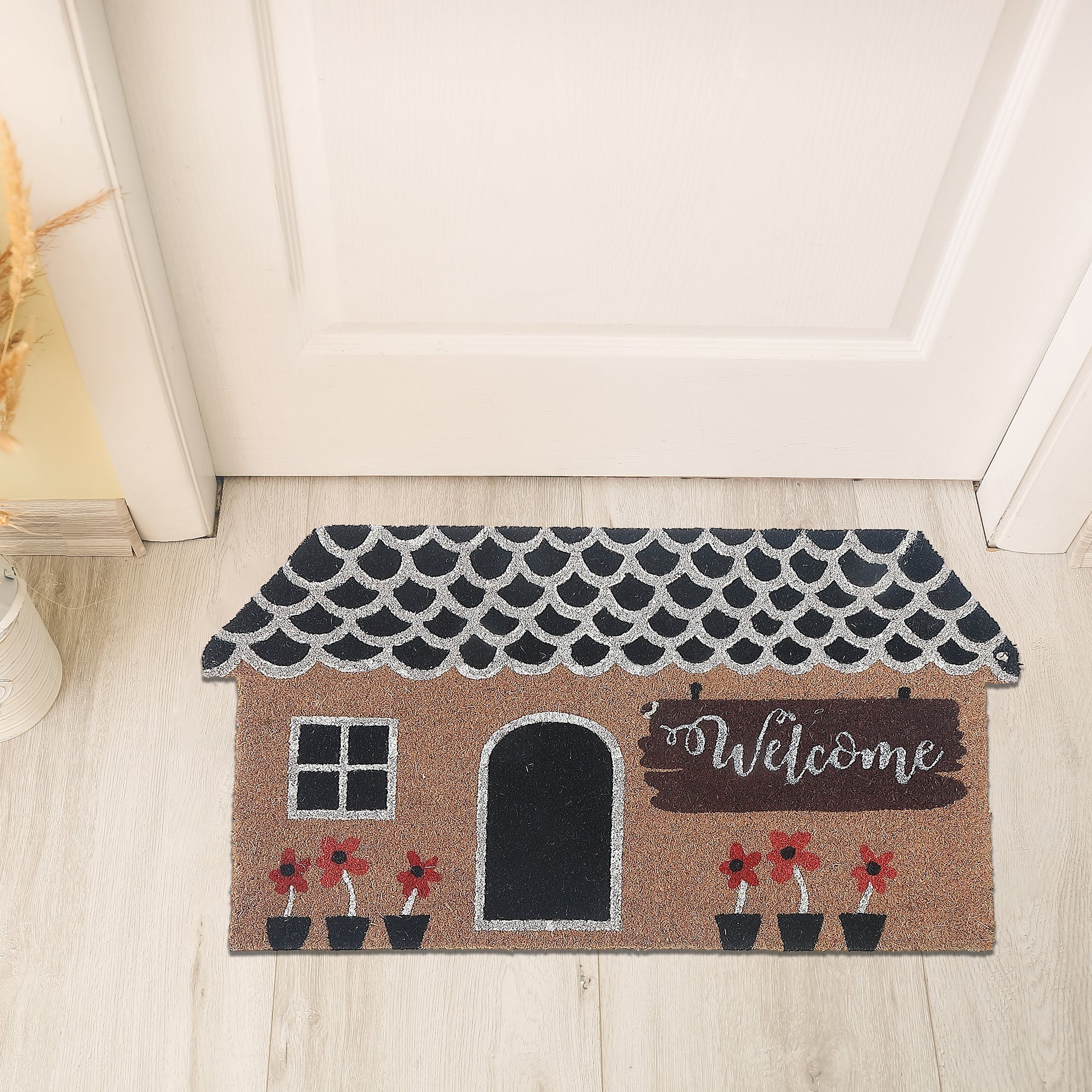House Shape Coir Door Mat Welcome, House Shaped Welcome Mat, Natural Coir Entryway Rug, Front Porch Decorative Doormat, Durable Outdoor Mat