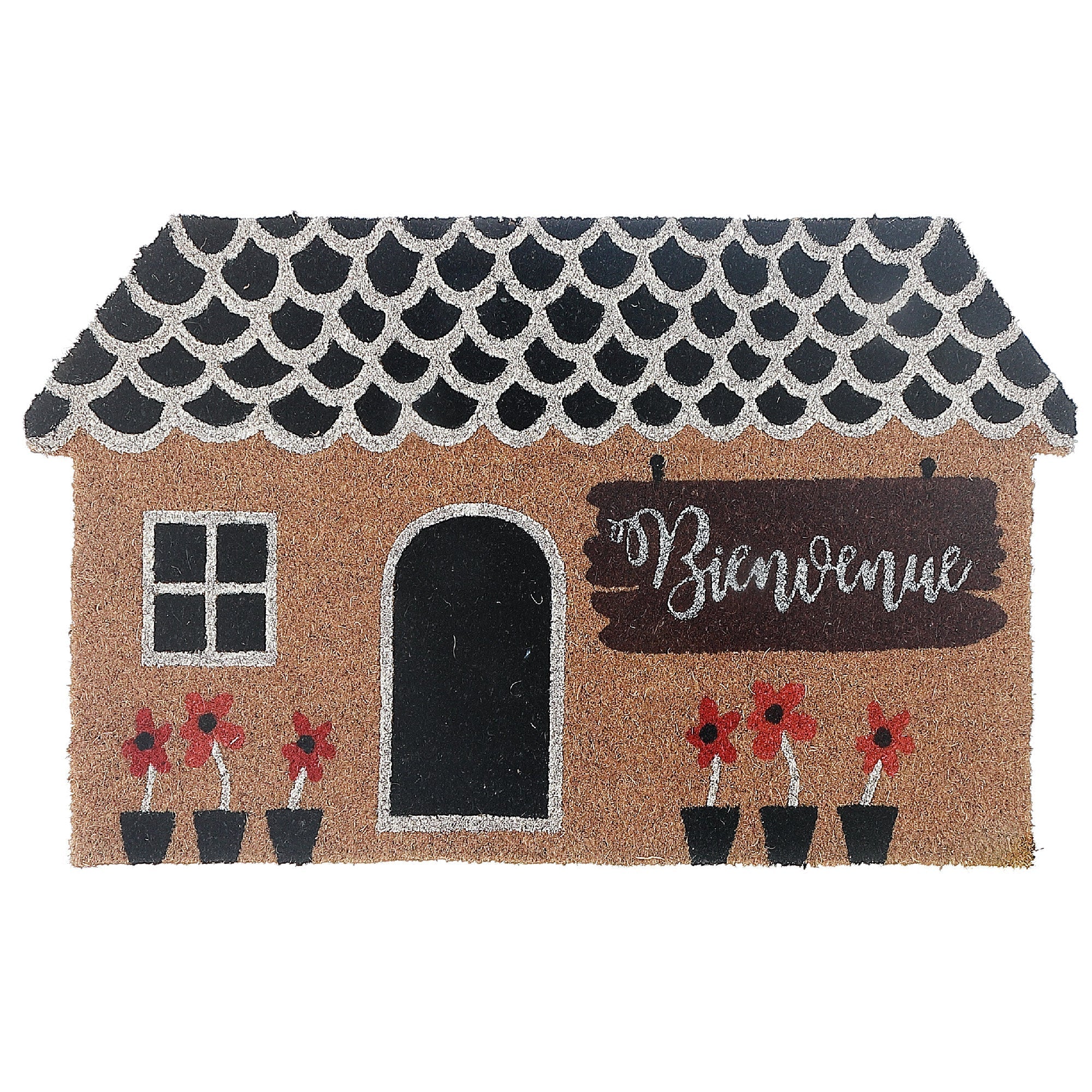 House Shape Coir Door Mat Bienvenue, House Shaped Bienvenue Mat, French Welcome Entry Rug, Natural Fiber Coir Doormat, Porch Decor Accent