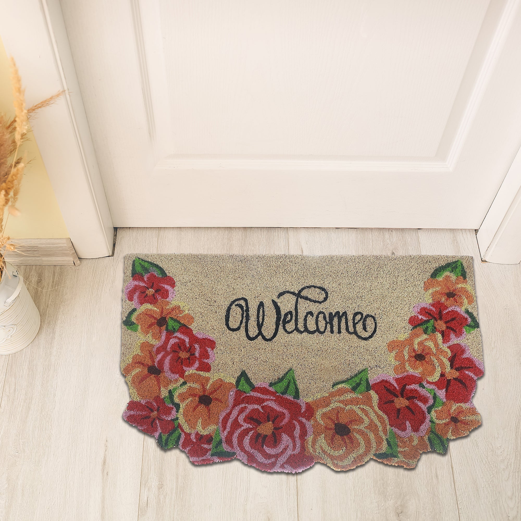 Garland Shape Coir Door Mat Welcome, Garland Shaped Welcome Mat, Natural Coir Front Door Rug, Decorative Porch Mat, Durable Outdoor Entry Mat
