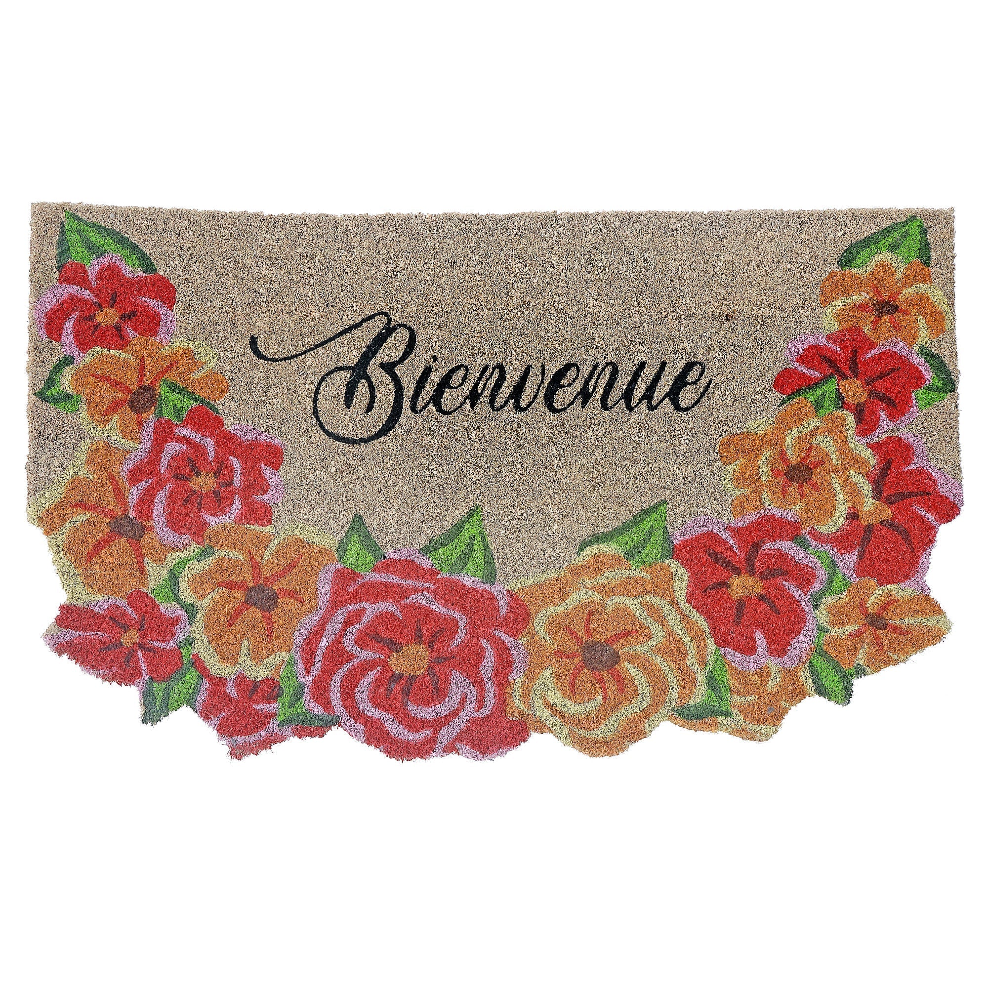 Garland Shape Coir Door Mat Bienvenue, Garland Shaped Bienvenue Mat, French Welcome Coir Rug, Decorative Entryway Mat, Outdoor Porch Decor
