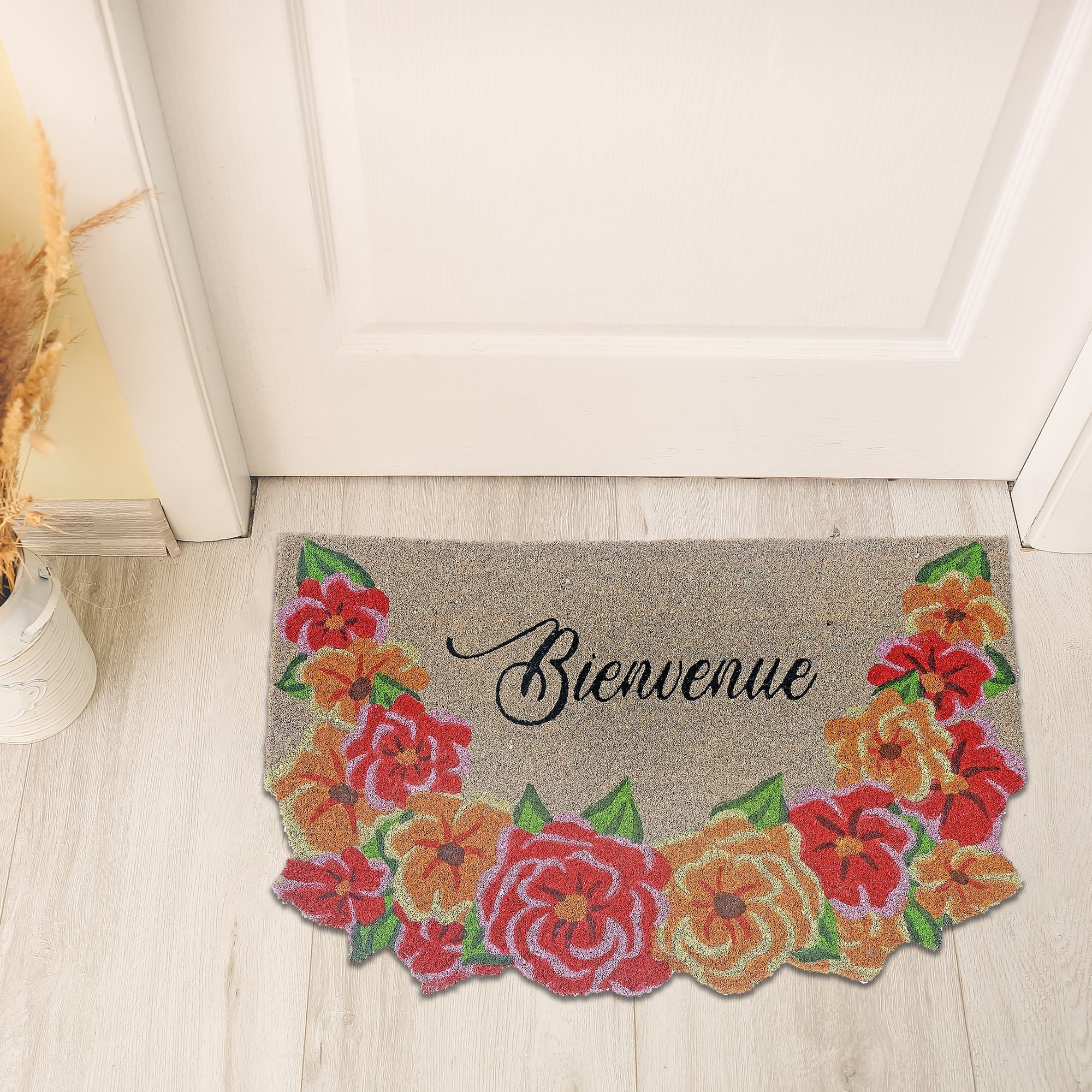 Garland Shape Coir Door Mat Bienvenue, Garland Shaped Bienvenue Mat, French Welcome Coir Rug, Decorative Entryway Mat, Outdoor Porch Decor
