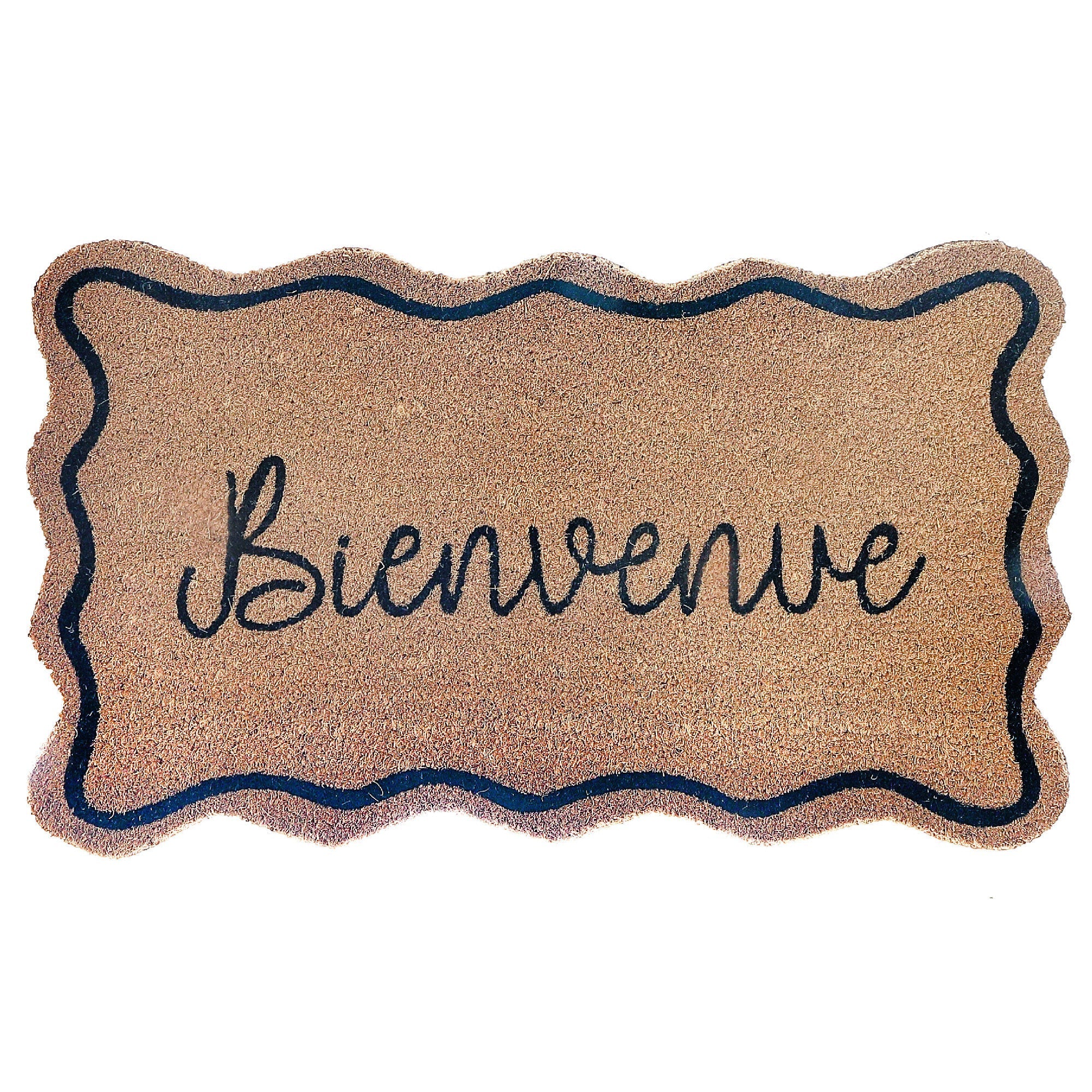 Scallop Shape Coir Door Mat Bienvenue, Scalloped Bienvenue Door Mat, French Welcome Coir Rug, Natural Fiber Entryway Mat, Outdoor Porch Decor